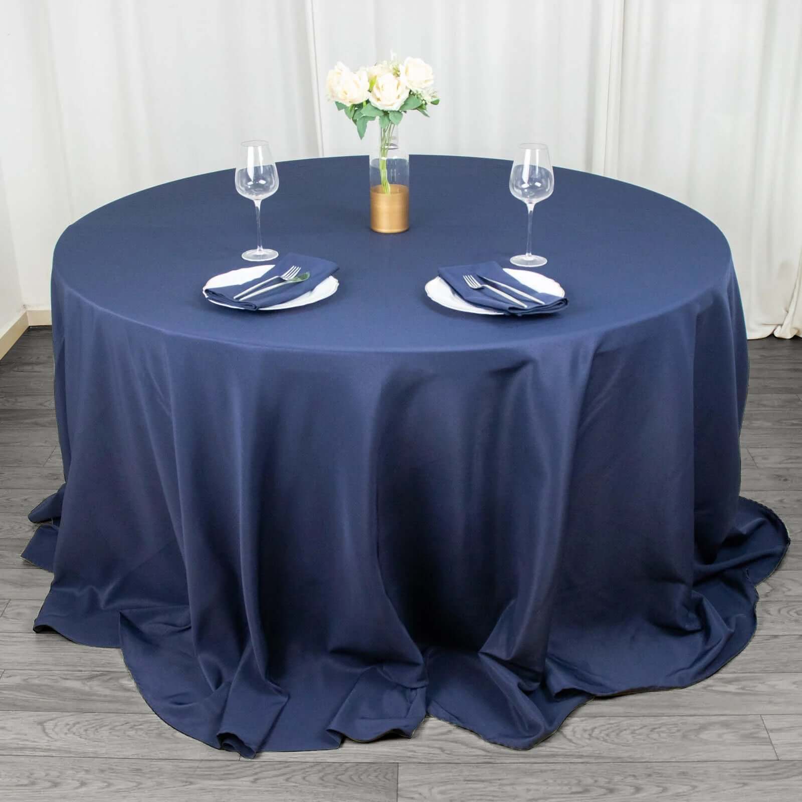 Premium Polyester Round Tablecloth 132" Navy Blue - Seamless 220GSM Table Cover - Image 3