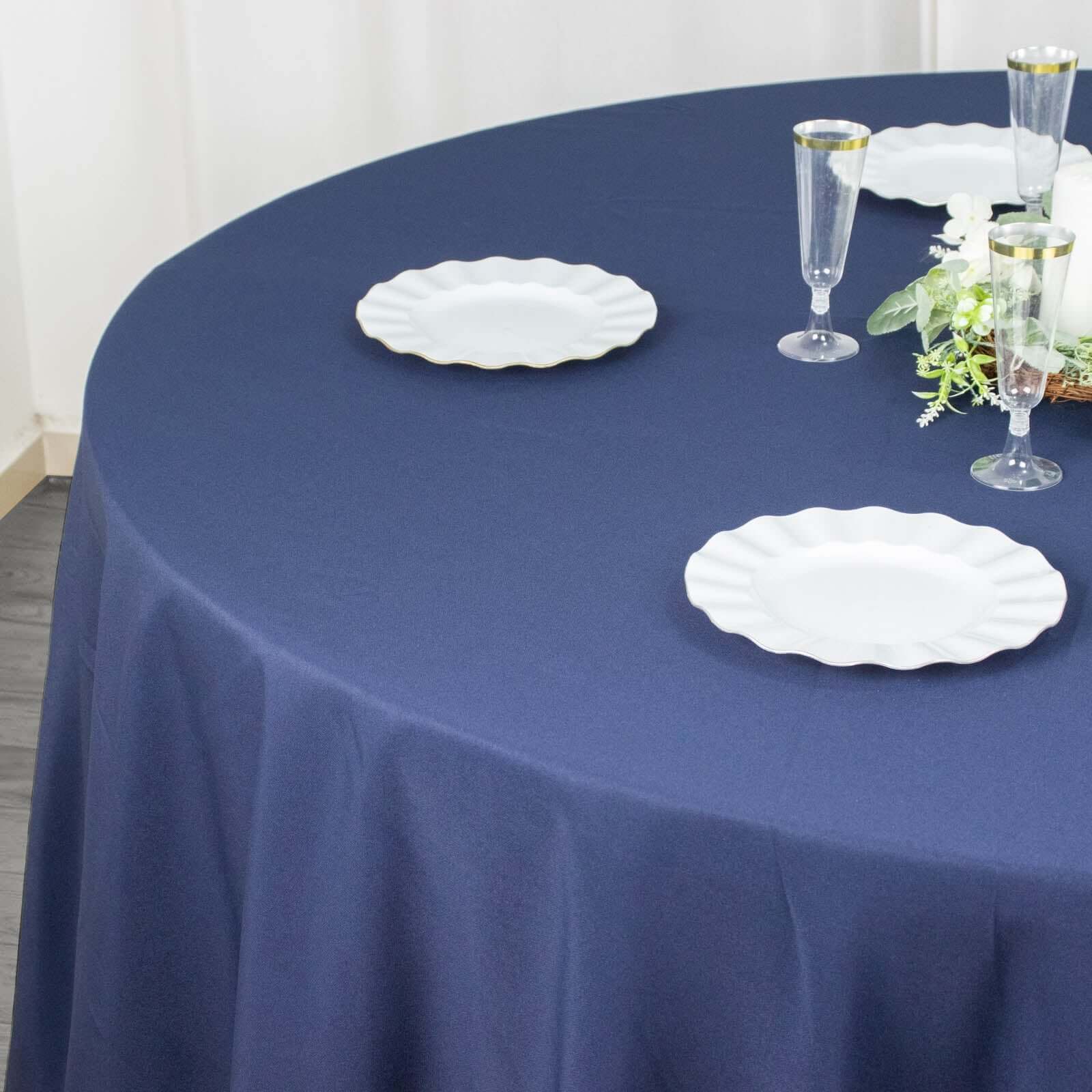 Premium Polyester Round Tablecloth 132" Navy Blue - Seamless 220GSM Table Cover - Image 7
