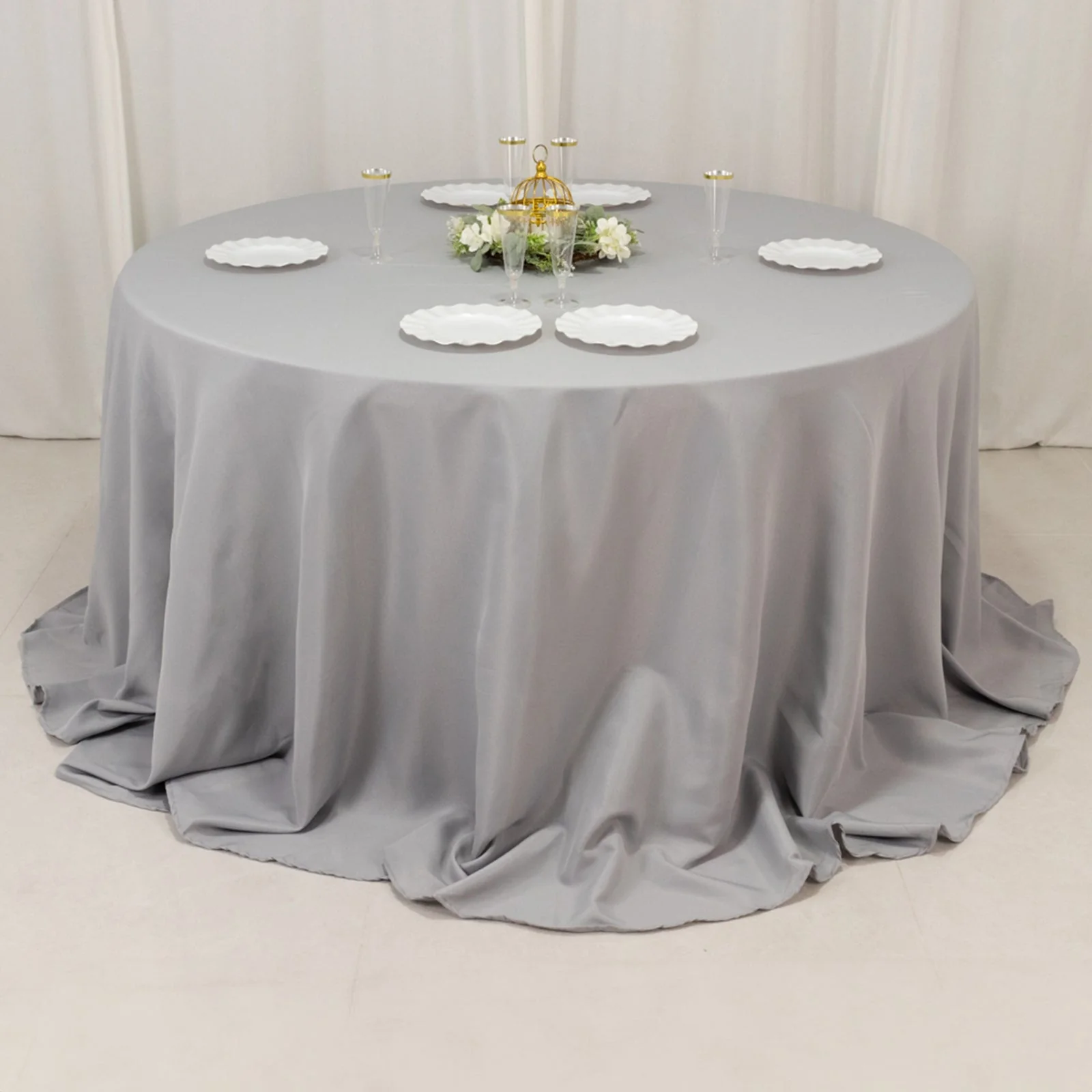 Premium Polyester Round Tablecloth 132" Silver - Seamless 220GSM Table Cover - Image 6