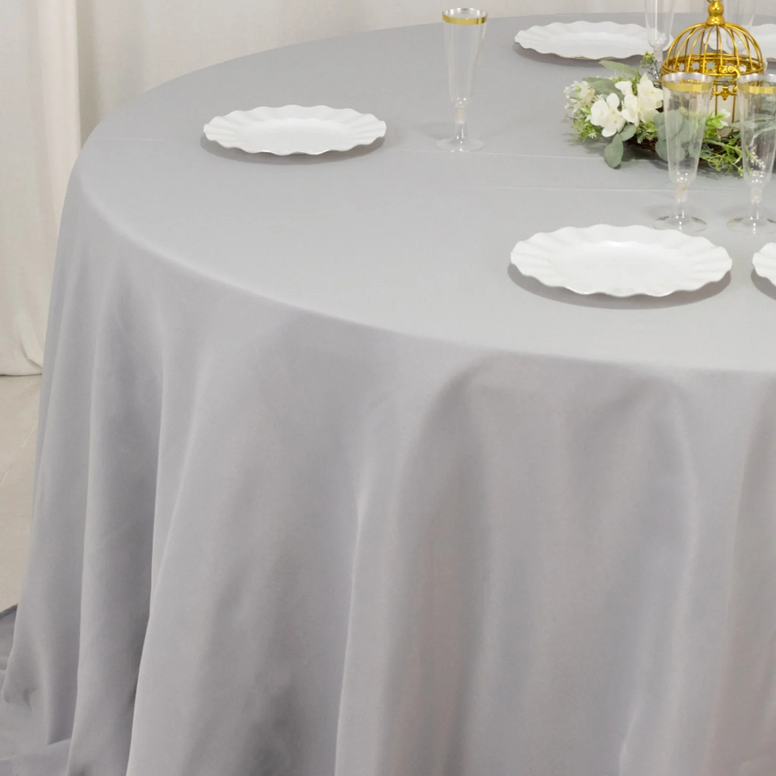 Premium Polyester Round Tablecloth 132" Silver - Seamless 220GSM Table Cover - Image 7
