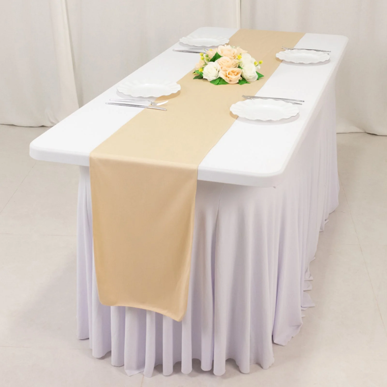 Scuba Polyester Table Runner 12"x108" Beige - Wrinkle-Free Table Linen - Image 2