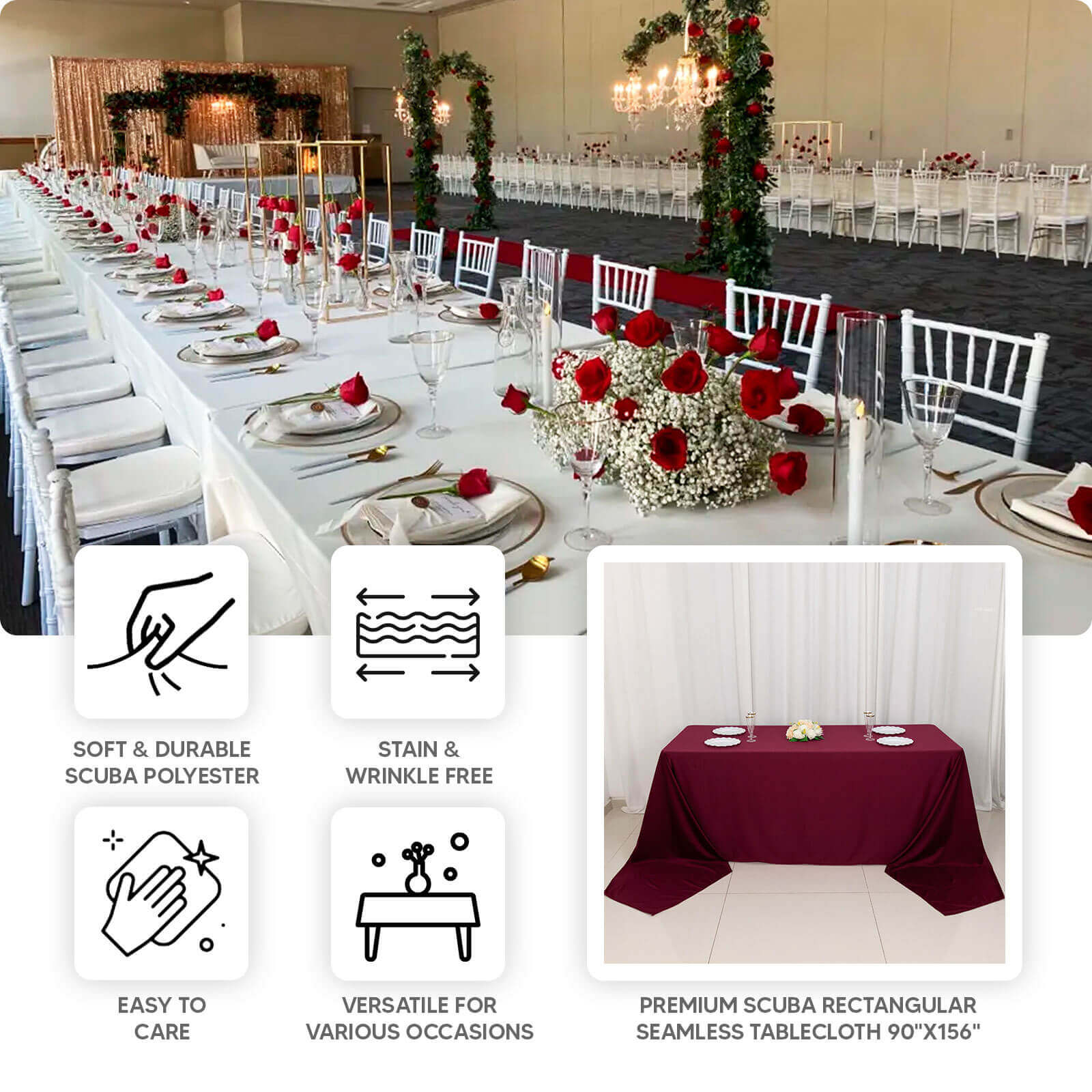 Scuba Rectangular Tablecloth 90"x156" Black - Wrinkle Free & Stain Resistant Seamless Table Cover - Image 4