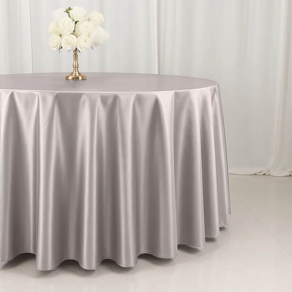 Scuba Round Tablecloth 120" Shimmer Silver - Seamless Table Cover - Image 2