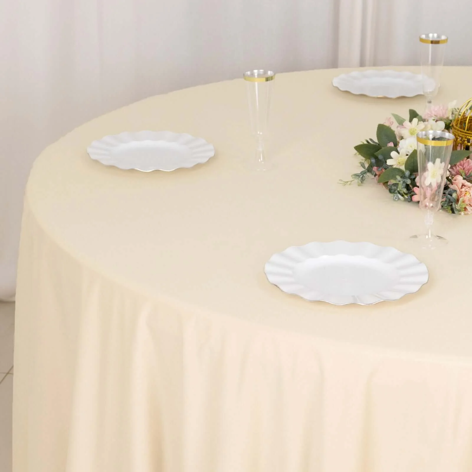 Scuba Round Tablecloth 132" Beige - Seamless & Wrinkle Free Table Cover - Image 2