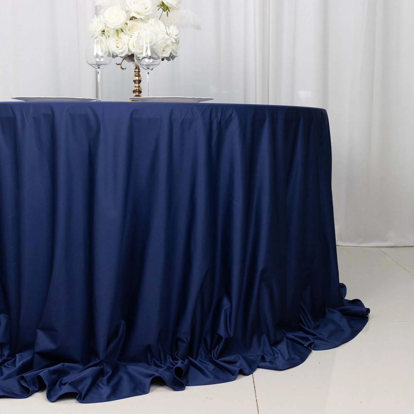 Scuba Round Tablecloth 132" Navy Blue - Seamless & Wrinkle Free Table Cover - Image 2
