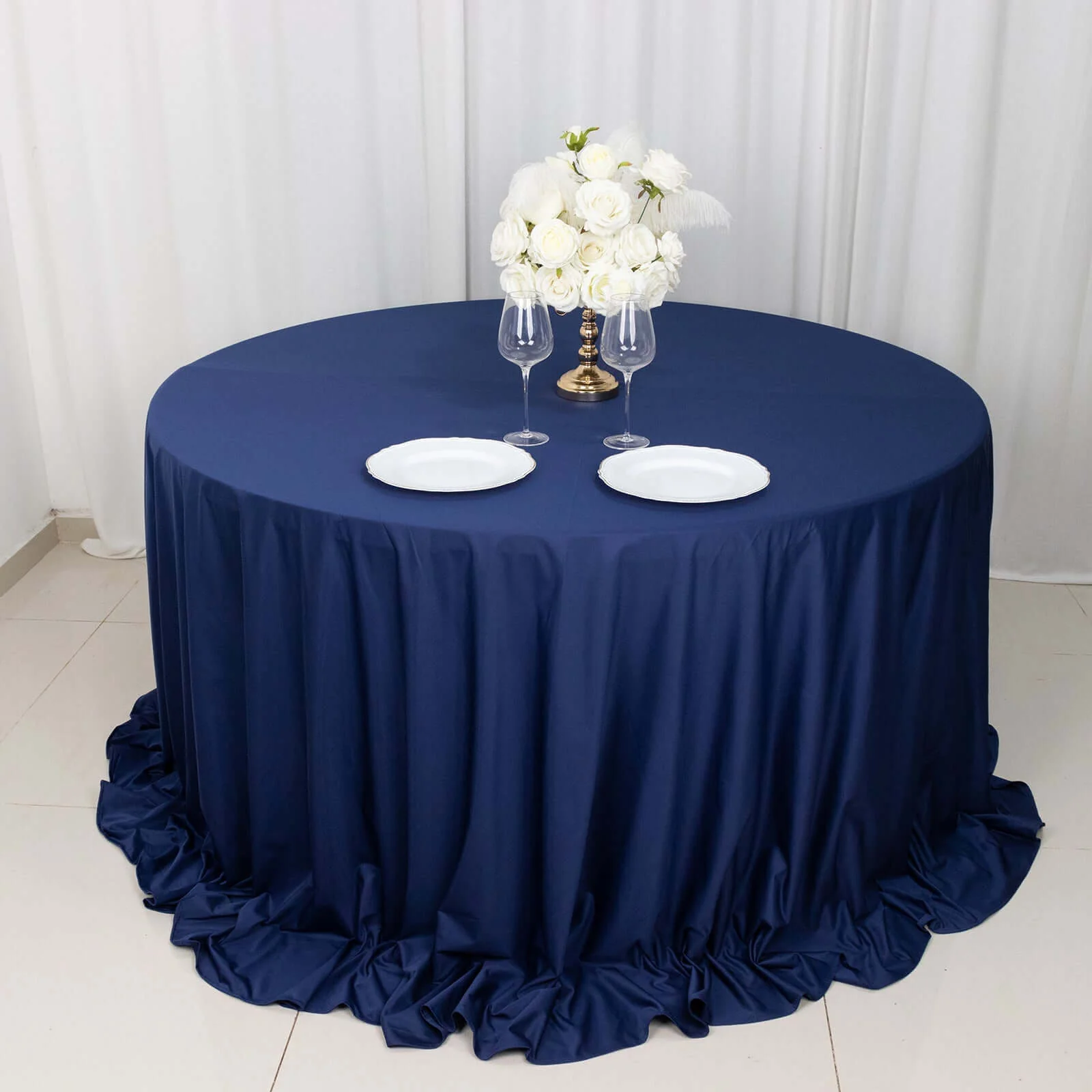 Scuba Round Tablecloth 132" Navy Blue - Seamless & Wrinkle Free Table Cover - Image 7