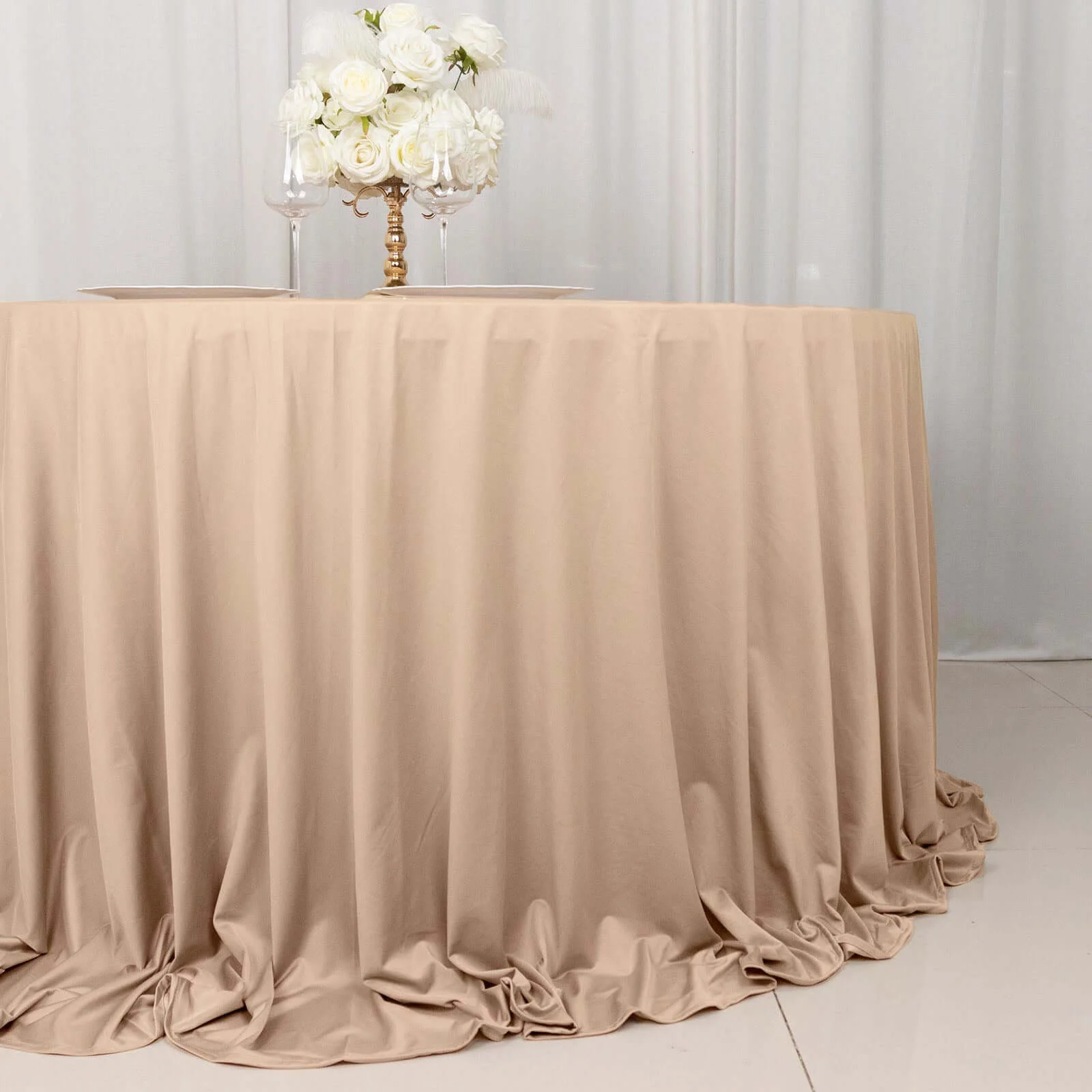 Scuba Round Tablecloth 132" Nude - Seamless & Wrinkle Free Table Cover - Image 2