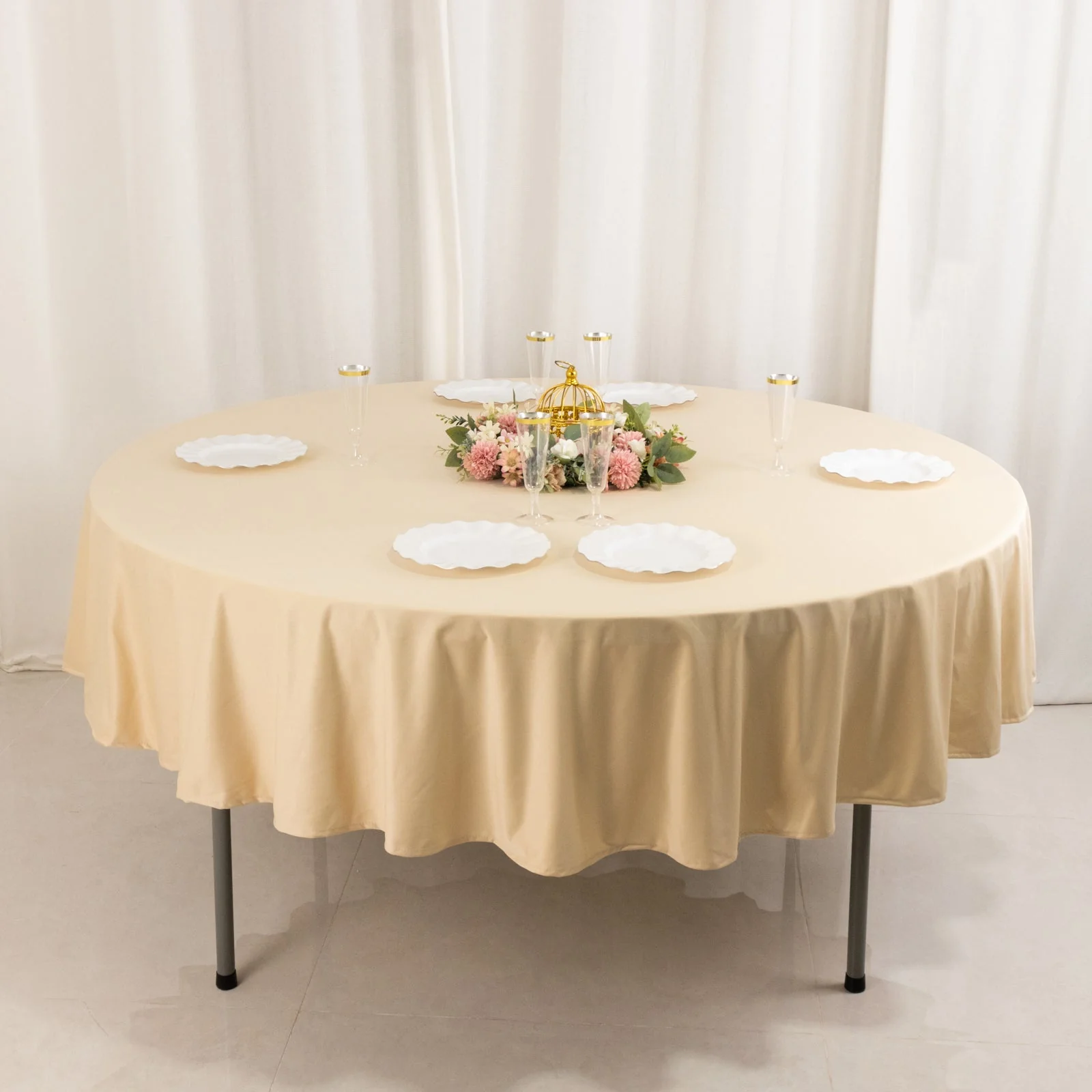 Scuba Round Tablecloth 90" Beige - Wrinkle Free Table Cover - Image 6