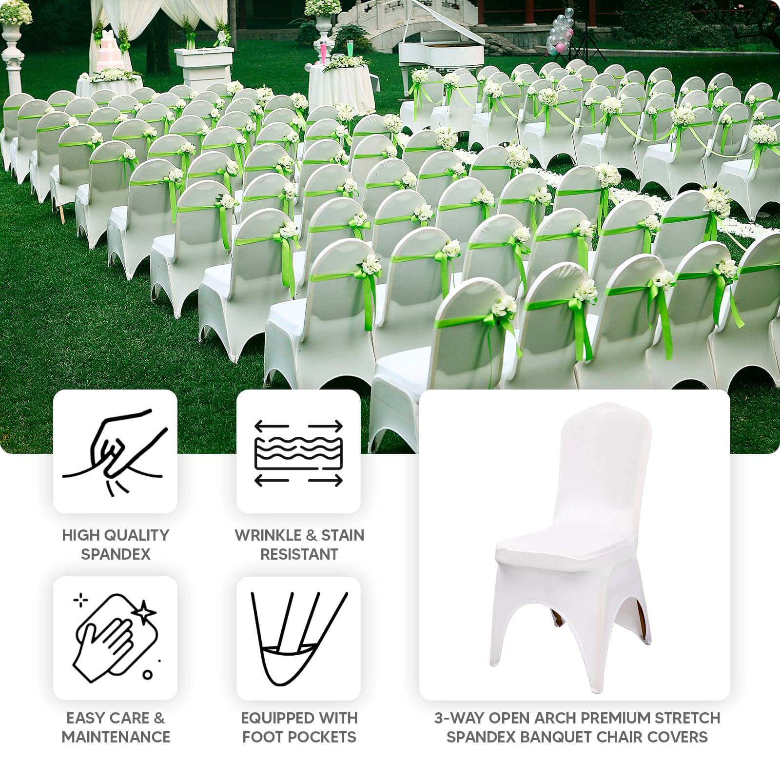 Premium Stretch Spandex Banquet Chair Cover White 160GSM with Foot Pockets - Fitted 3-Way Open Arch Slipcover - Image 4