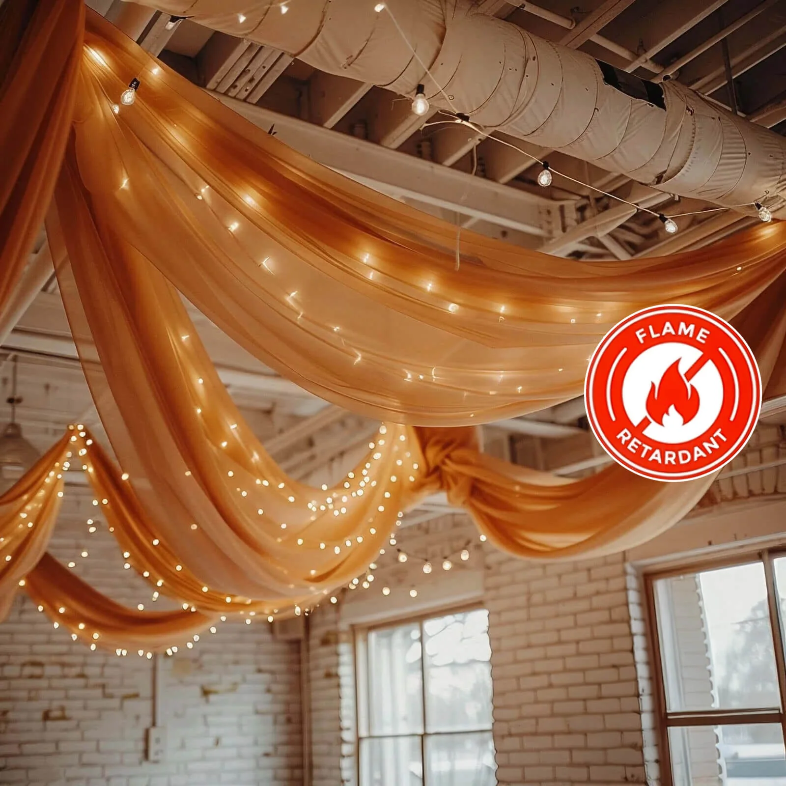 Terracotta (Rust) Chiffon Ceiling Drapery, Durable Flame Resistant Long Curtain Backdrop Panel With Rod Pocket 5ftx32ft