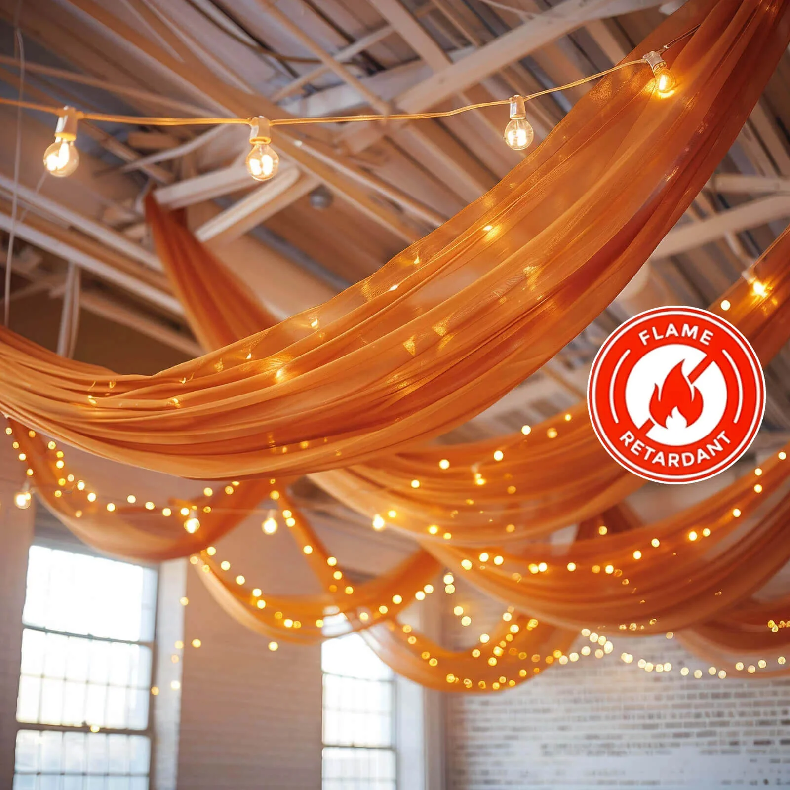 Terracotta (Rust) Chiffon Ceiling Drapery, Durable Flame Resistant Long Curtain Backdrop Panel With Rod Pocket 5ftx32ft - Image 5