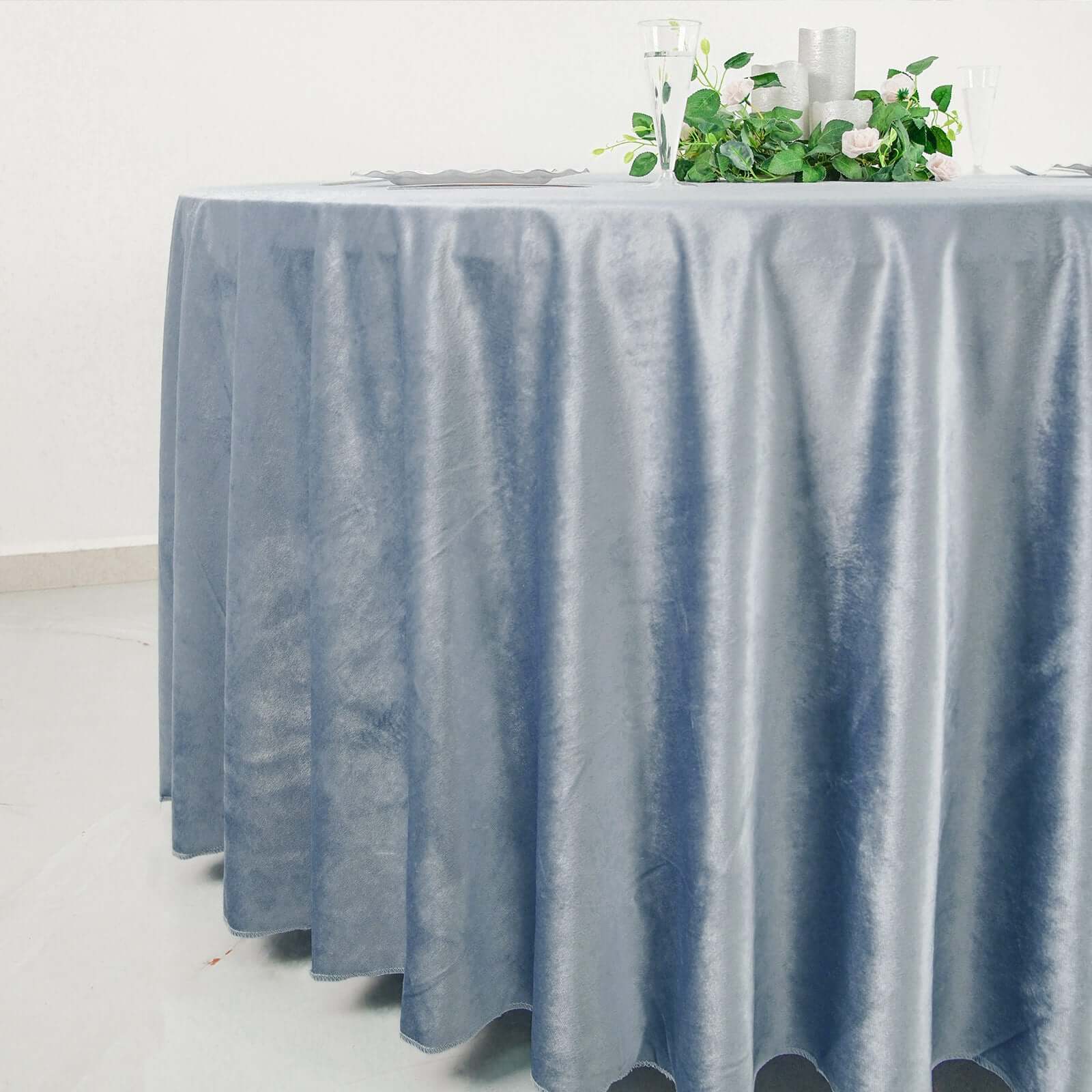 Premium Velvet Round Tablecloth 120" Dusty Blue - Seamless Soft & Reusable Table Cover - Image 2