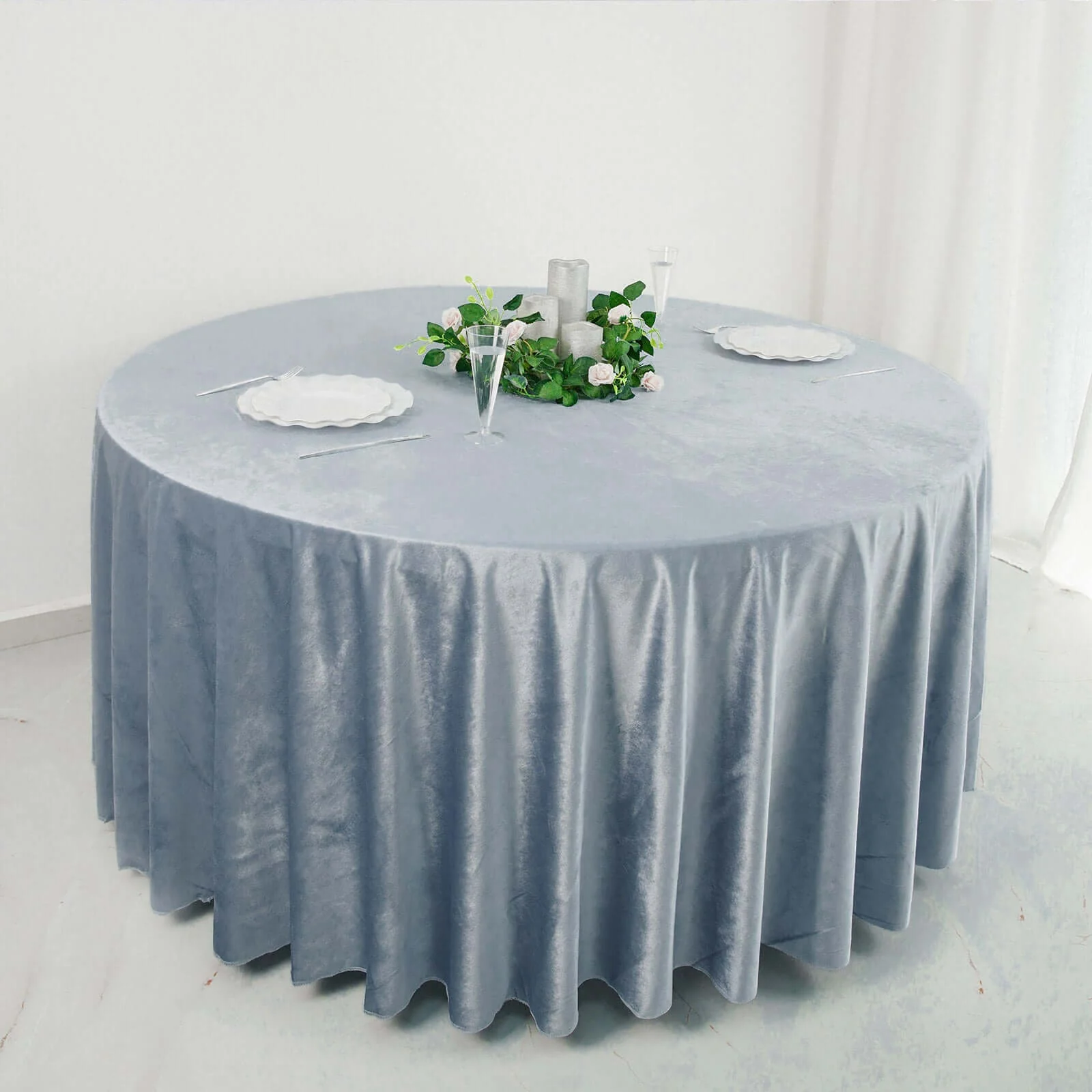 Premium Velvet Round Tablecloth 120" Dusty Blue - Seamless Soft & Reusable Table Cover - Image 5