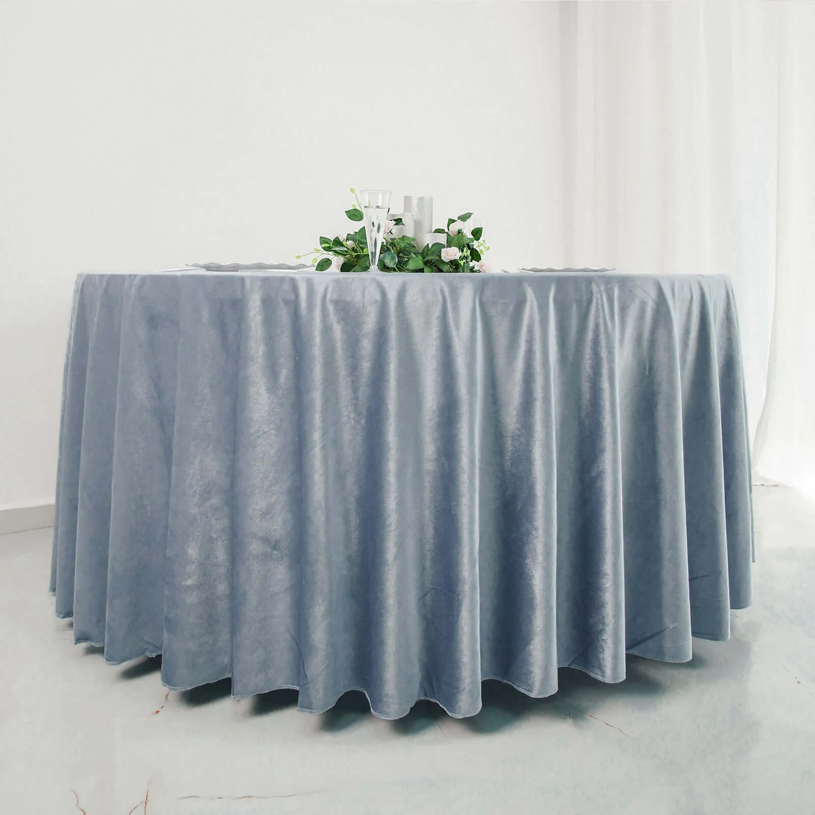 Premium Velvet Round Tablecloth 120" Dusty Blue - Seamless Soft & Reusable Table Cover - Image 7