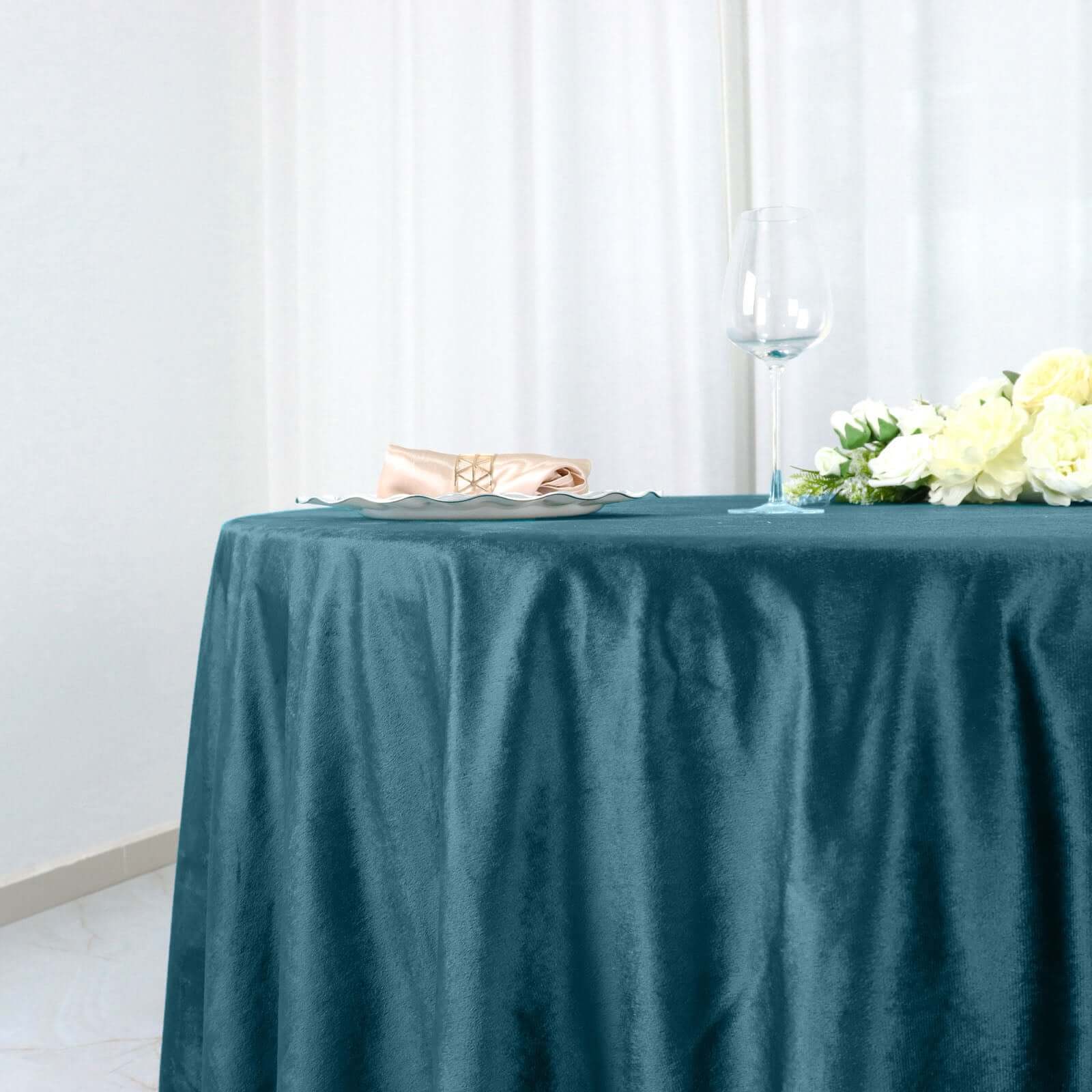Premium Velvet Round Tablecloth 120" Peacock Teal - Seamless Soft & Reusable Table Cover - Image 2