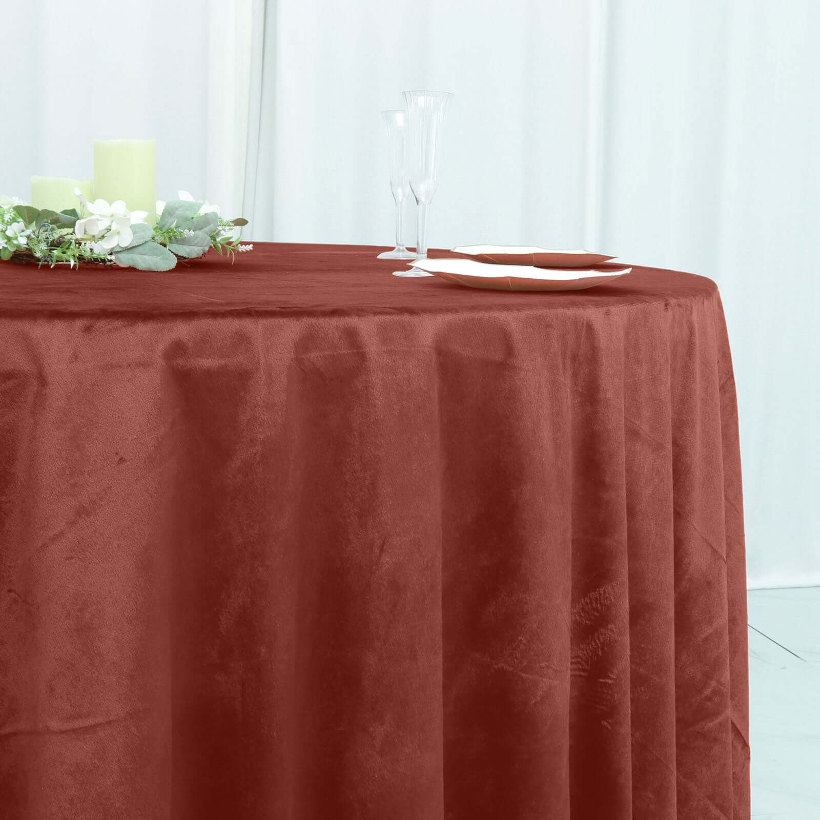 Premium Velvet Round Tablecloth 120" Terracotta (Rust) - Seamless Soft & Reusable Table Cover - Image 7