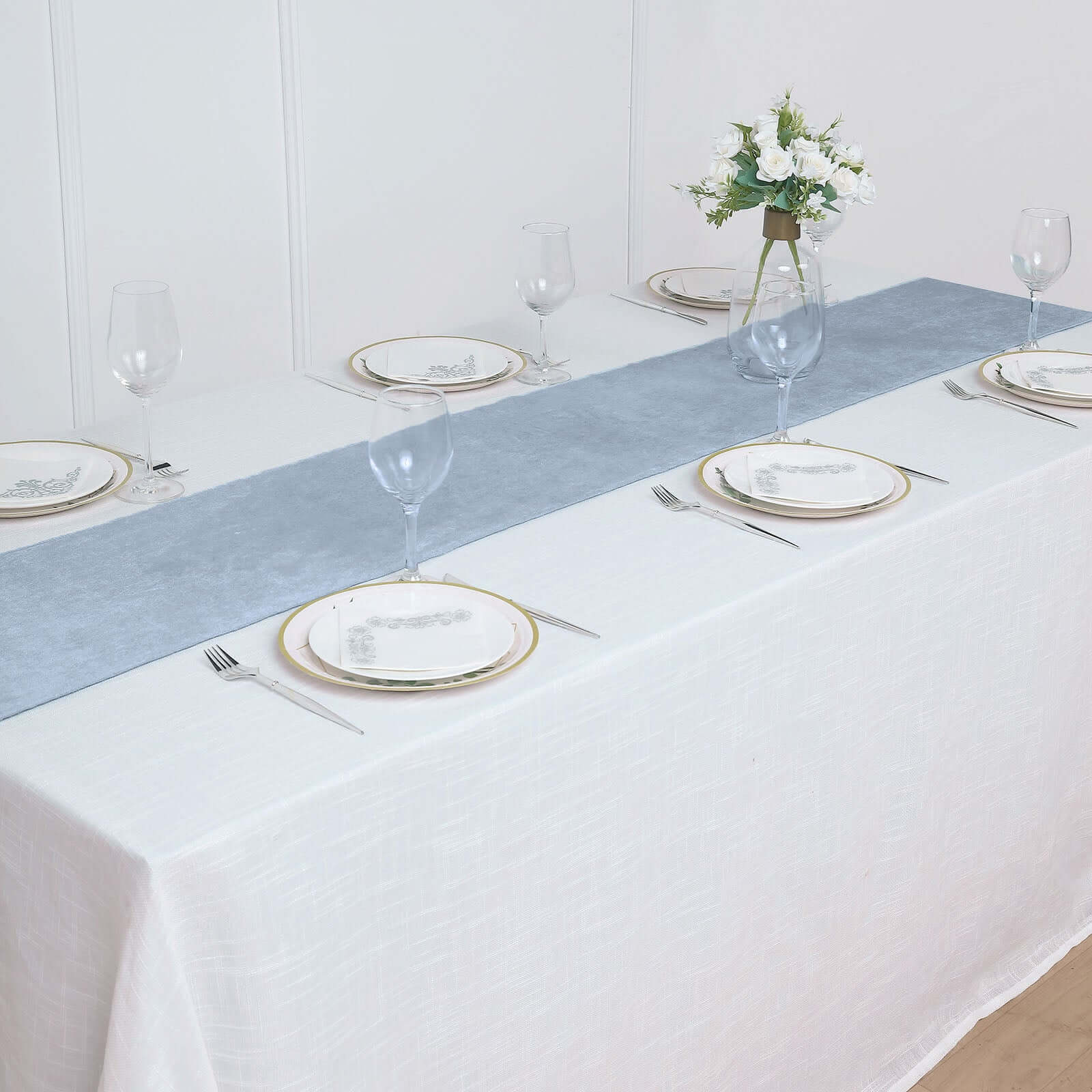 Premium Velvet Table Runner 12"x108" Dusty Blue - Sheen Finish Reusable Linen - Image 7