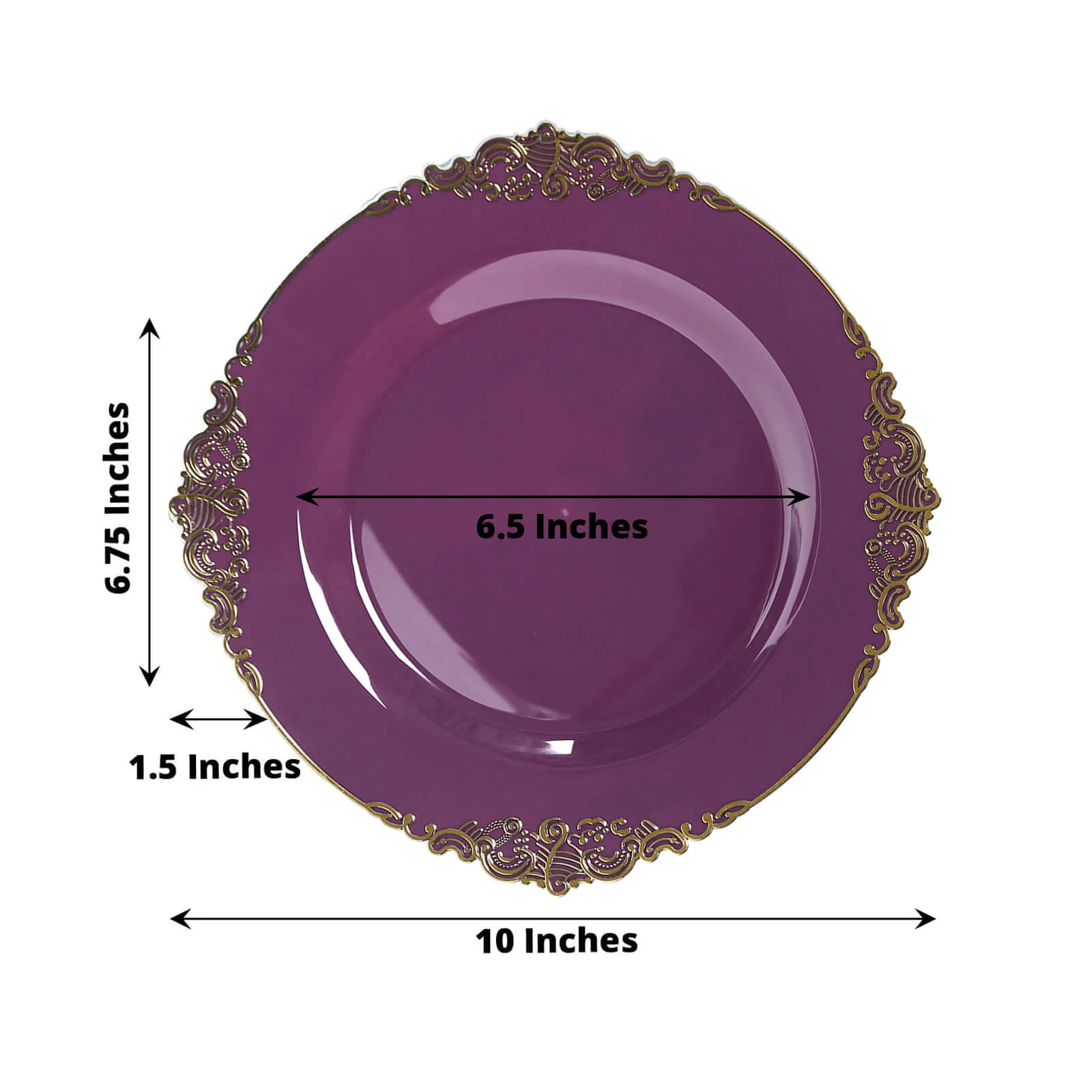 10-Pack Plastic Round Dinner Plates 10" Purple with Gold Leaf Embossed Rim - Vintage Baroque Style Disposable Plates - Image 2