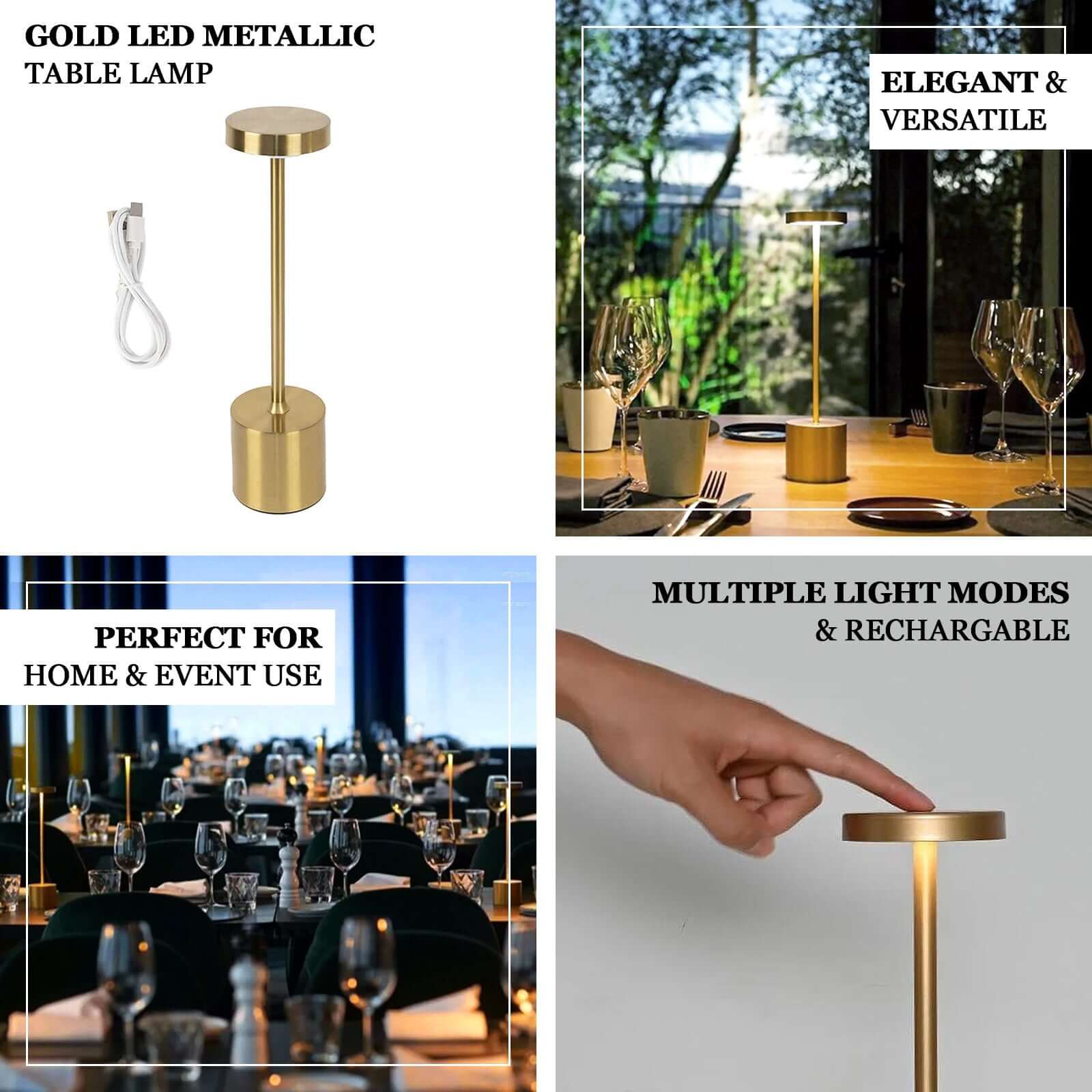 Rechargeable Cordless Table Lamp 13" Gold Metal Design Dimmable - LED Desk Night Light with Touch Control - Image 4