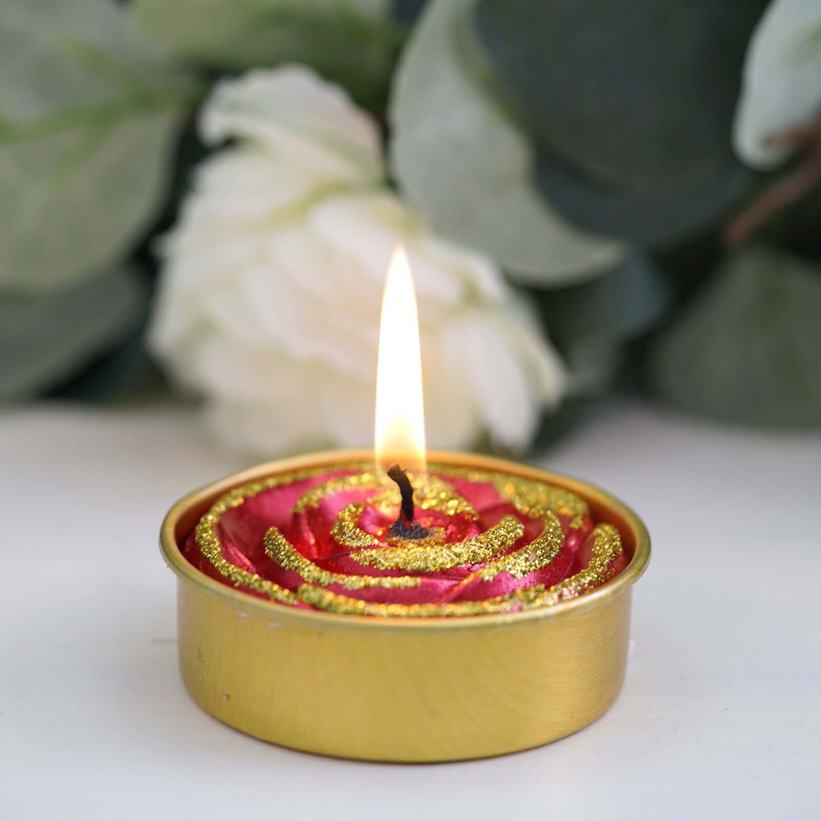 2-Pack Tealight Candles Glitter Rose Design Red/Gold - Unscented Dripless Wax for Romantic Decor