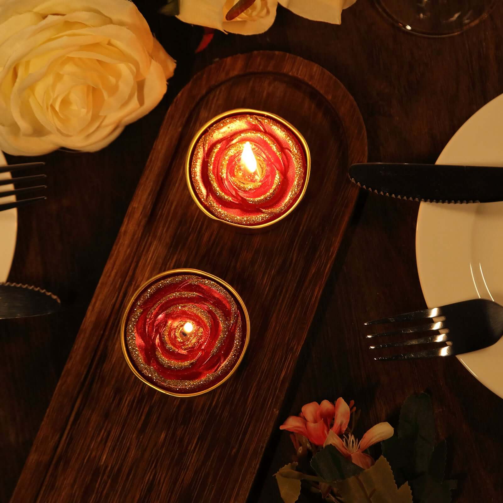 2-Pack Tealight Candles Glitter Rose Design Red/Gold - Unscented Dripless Wax for Romantic Decor - Image 12