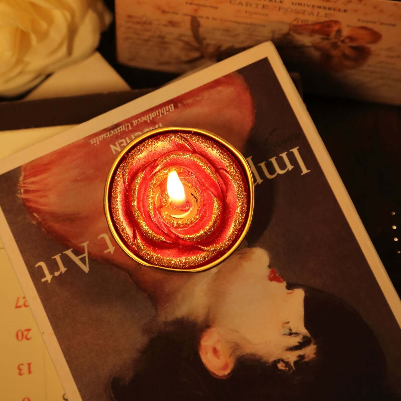2-Pack Tealight Candles Glitter Rose Design Red/Gold - Unscented Dripless Wax for Romantic Decor - Image 14