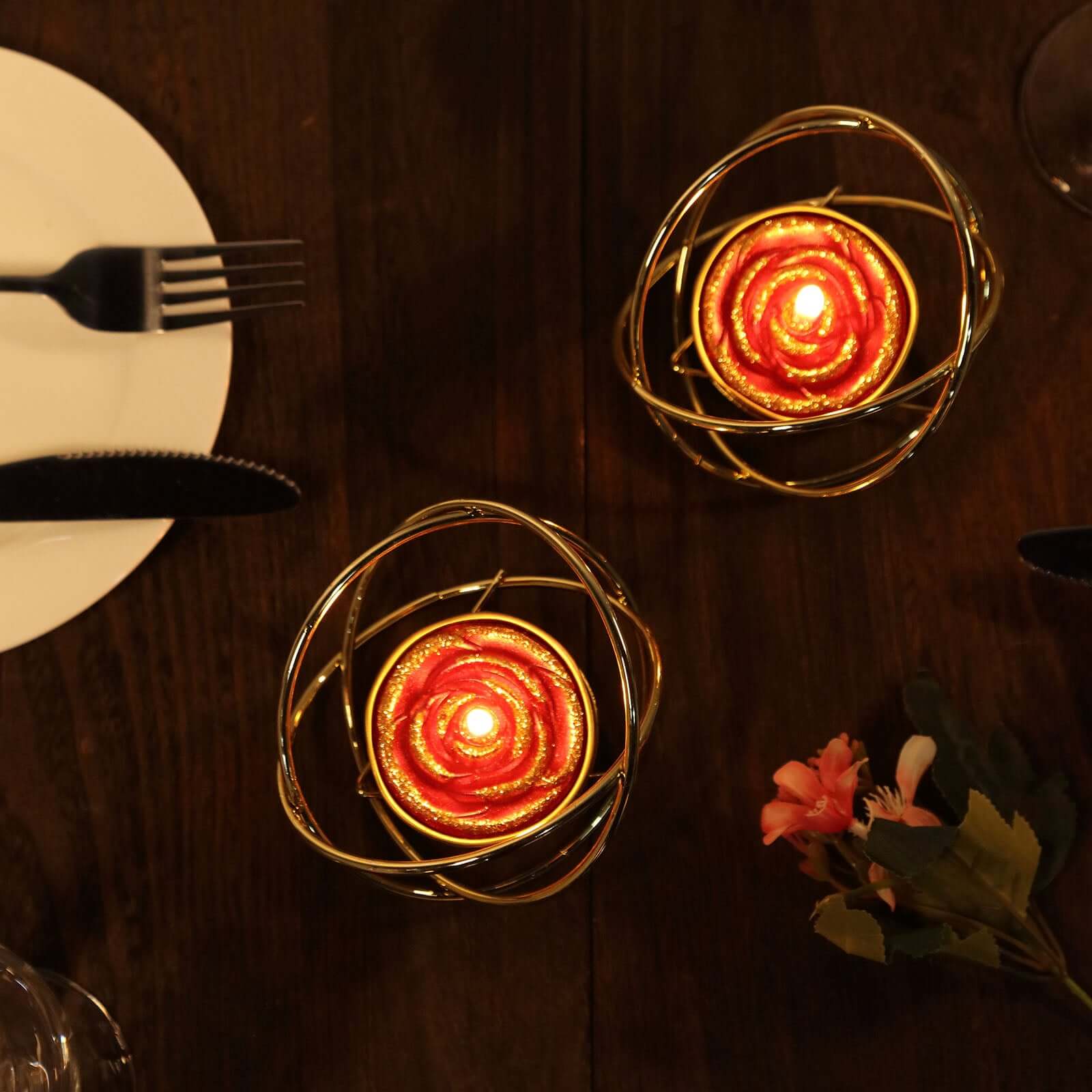 2-Pack Tealight Candles Glitter Rose Design Red/Gold - Unscented Dripless Wax for Romantic Decor - Image 2