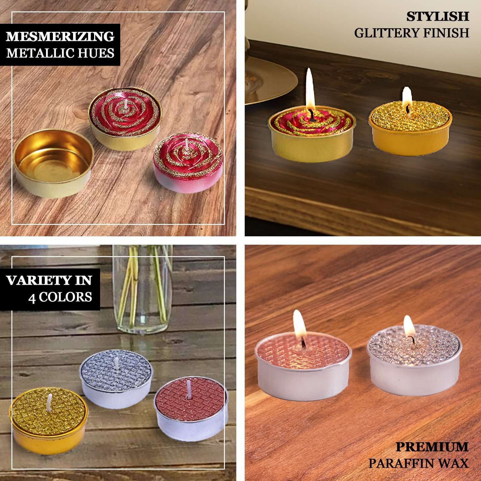 2-Pack Tealight Candles Glitter Rose Design Red/Gold - Unscented Dripless Wax for Romantic Decor - Image 4