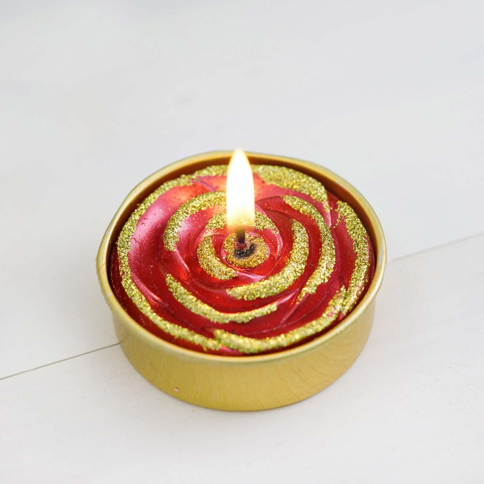 2-Pack Tealight Candles Glitter Rose Design Red/Gold - Unscented Dripless Wax for Romantic Decor - Image 6