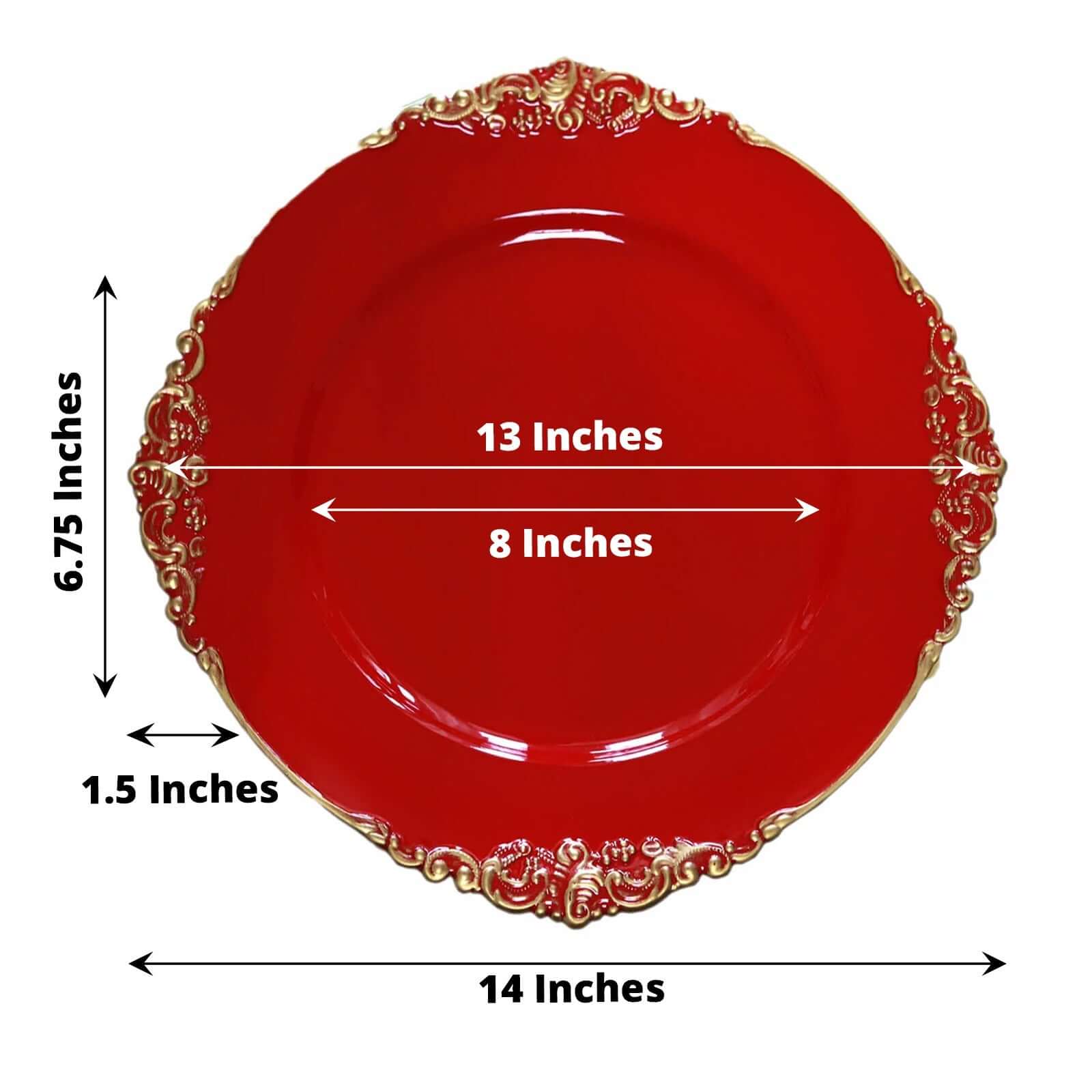 6-Pack Acrylic Charger Plates 13" Round Red with Gold Embossed Baroque Rim - Antique Decorative Dinner Tableware - Image 3