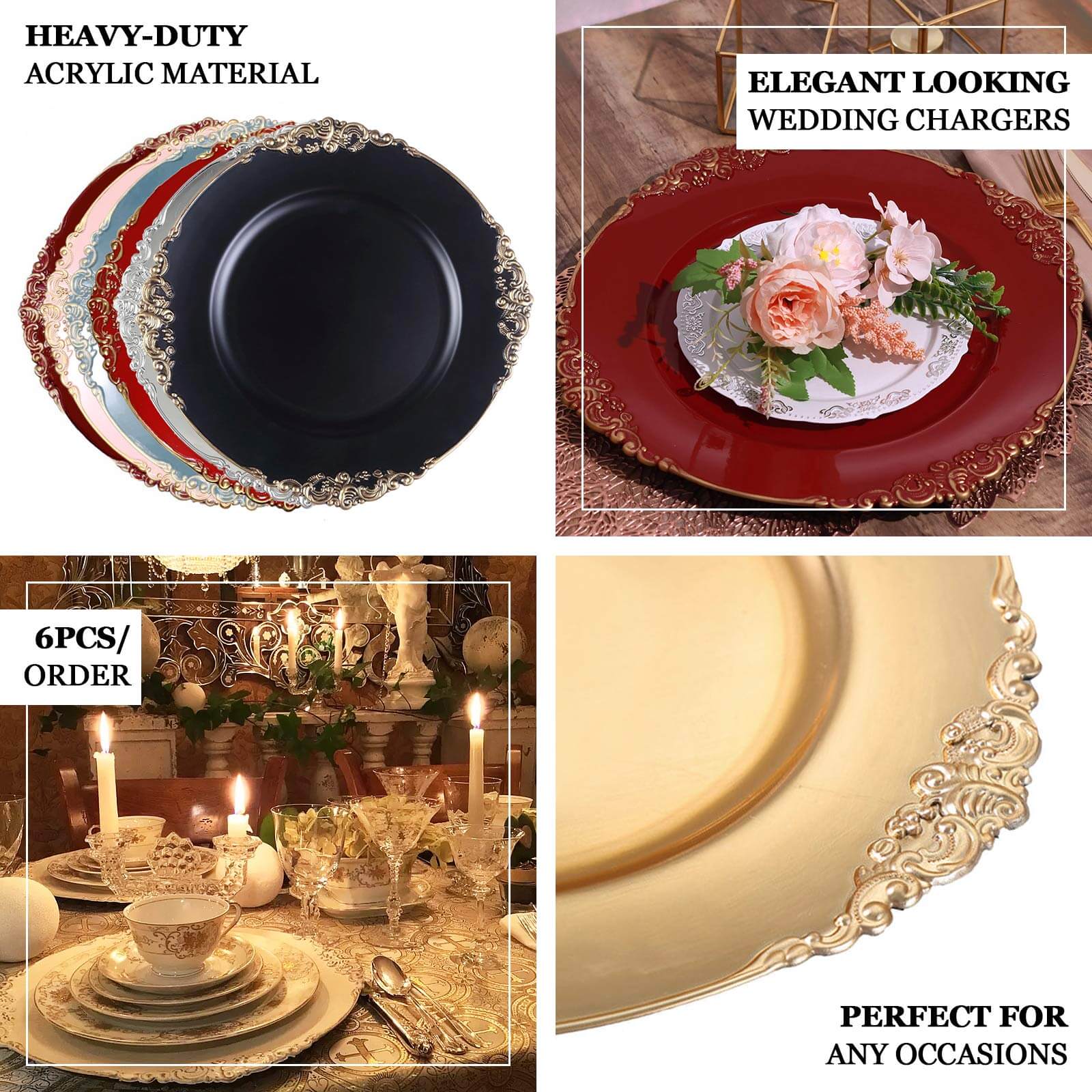6-Pack Acrylic Charger Plates 13" Round Red with Gold Embossed Baroque Rim - Antique Decorative Dinner Tableware - Image 4