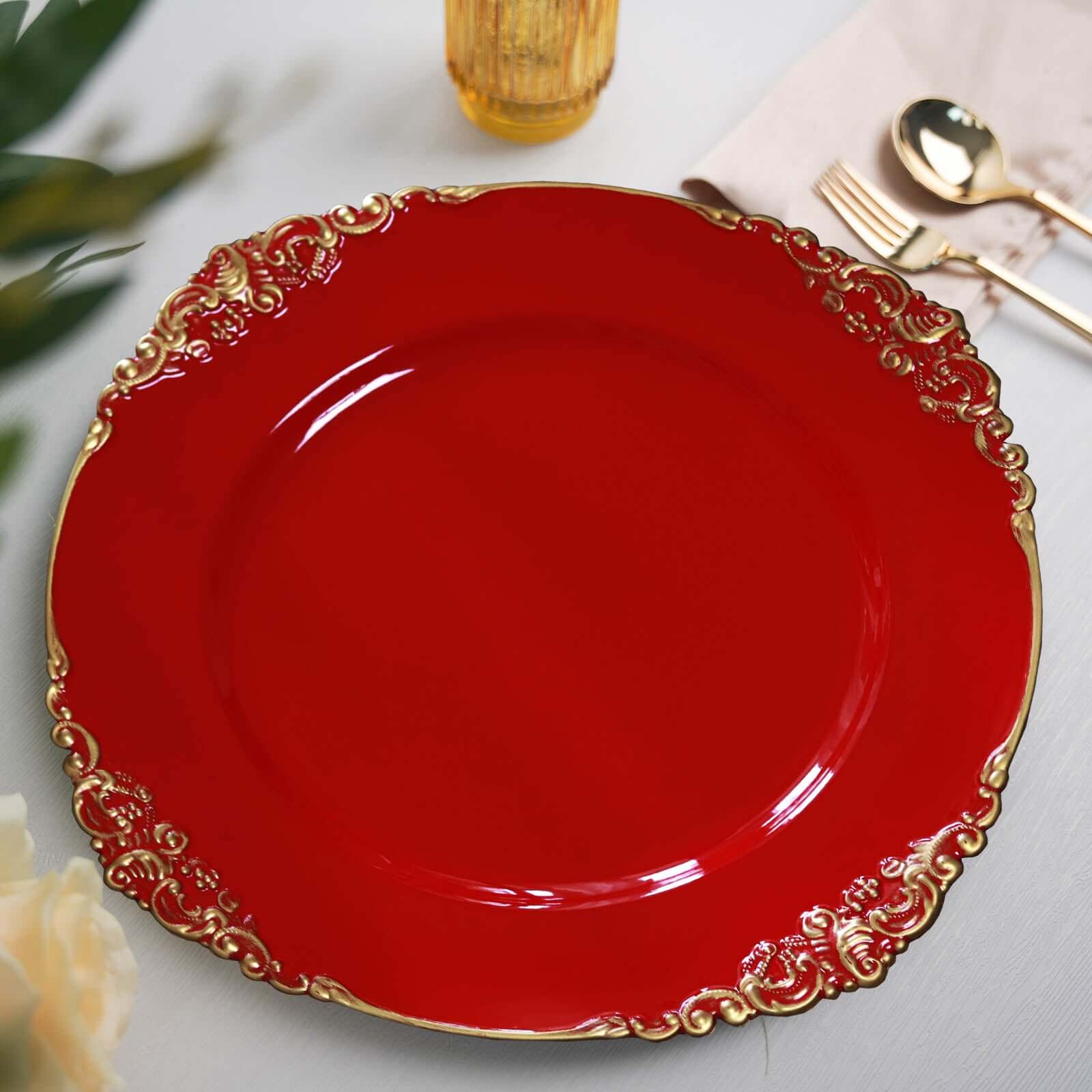6-Pack Acrylic Charger Plates 13" Round Red with Gold Embossed Baroque Rim - Antique Decorative Dinner Tableware - Image 6