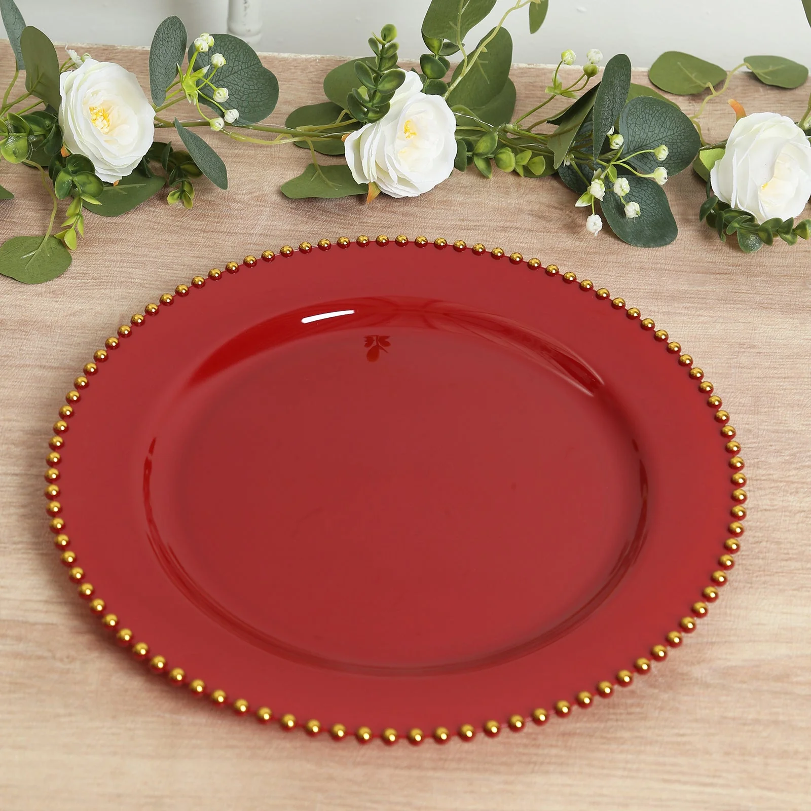 10-Pack Economy Plastic Charger Plates 13" Round Red with Gold Beaded Rim - Stylish Dinner Party Serving Plates
