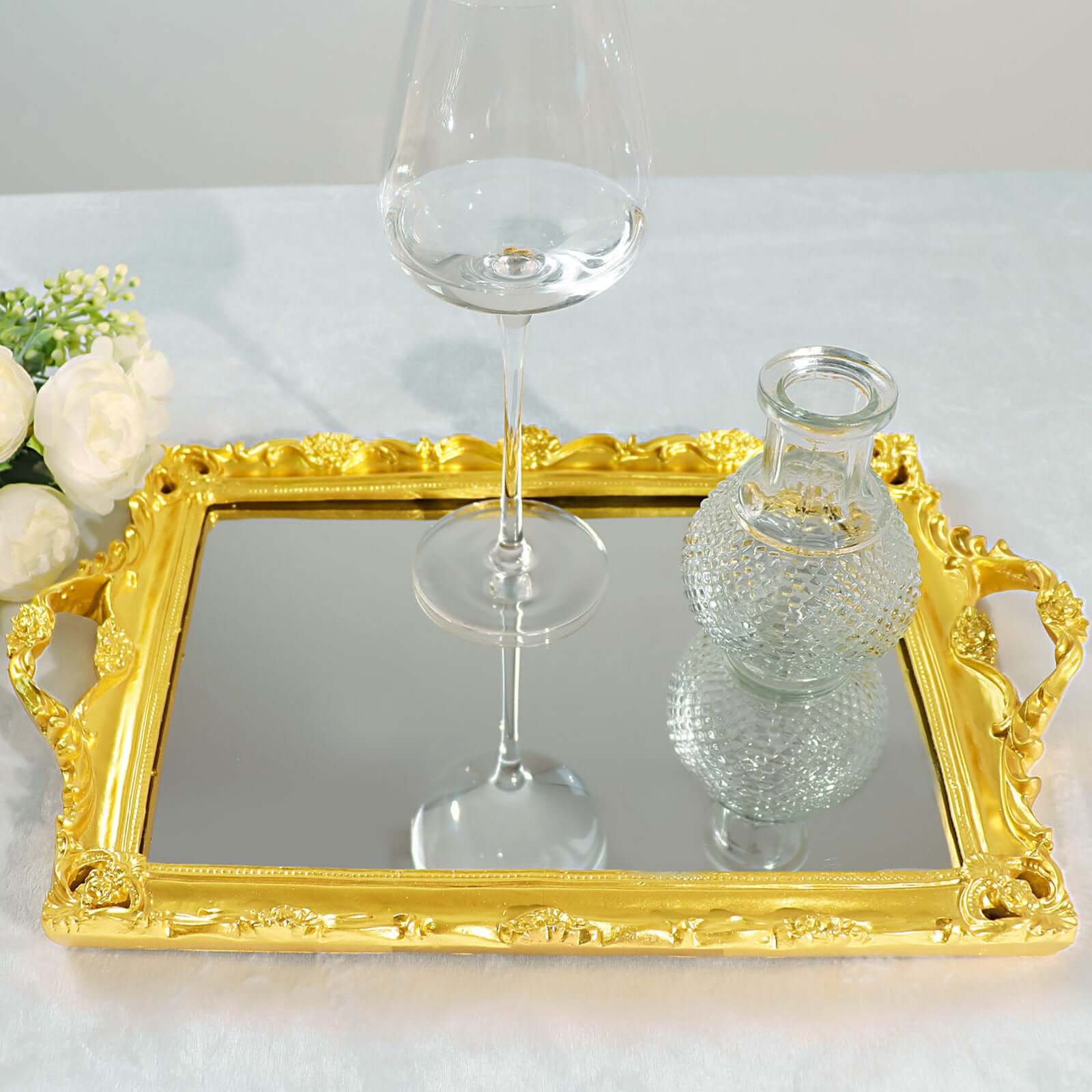 Resin Mirrored Serving Tray 15"x10" Rectangle Metallic Gold with Baroque Design - Stylish Decorative Vanity Tray Centerpiece - Image 10