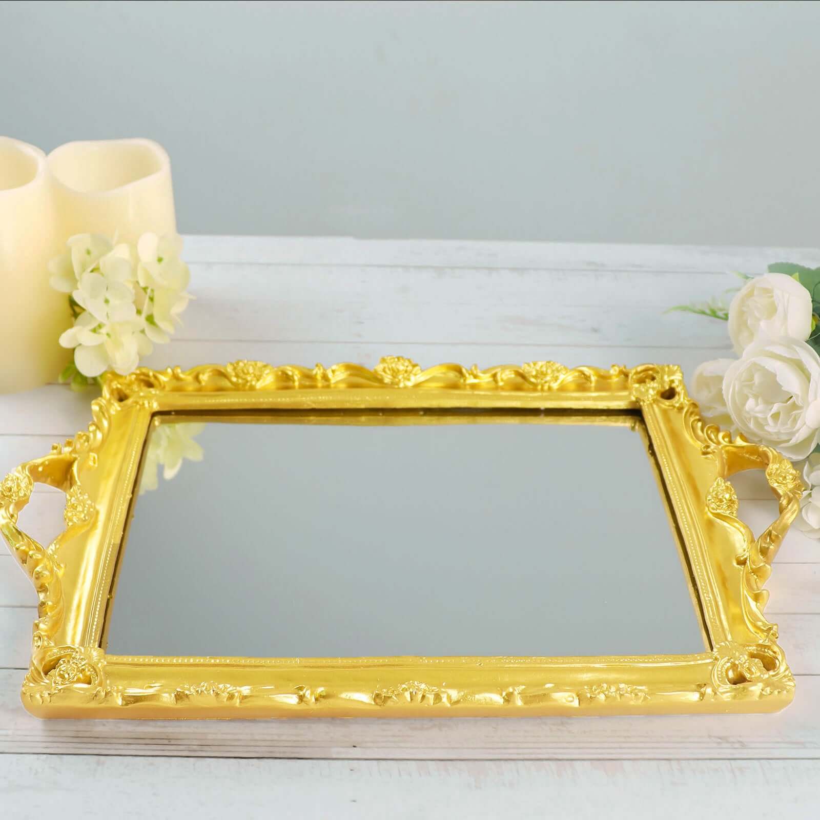 Resin Mirrored Serving Tray 15"x10" Rectangle Metallic Gold with Baroque Design - Stylish Decorative Vanity Tray Centerpiece - Image 11