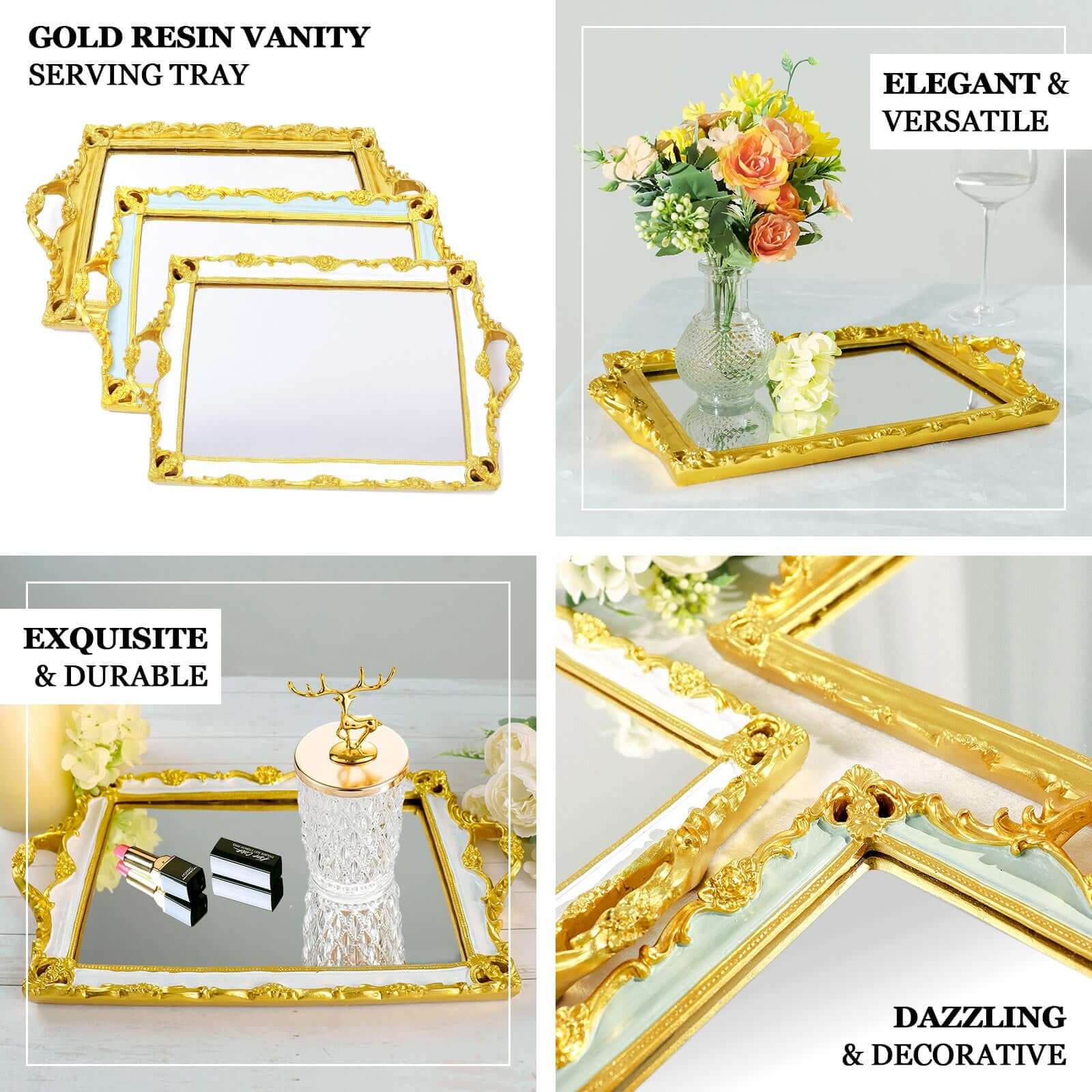 Resin Mirrored Serving Tray 15"x10" Rectangle Metallic Gold with Baroque Design - Stylish Decorative Vanity Tray Centerpiece - Image 4