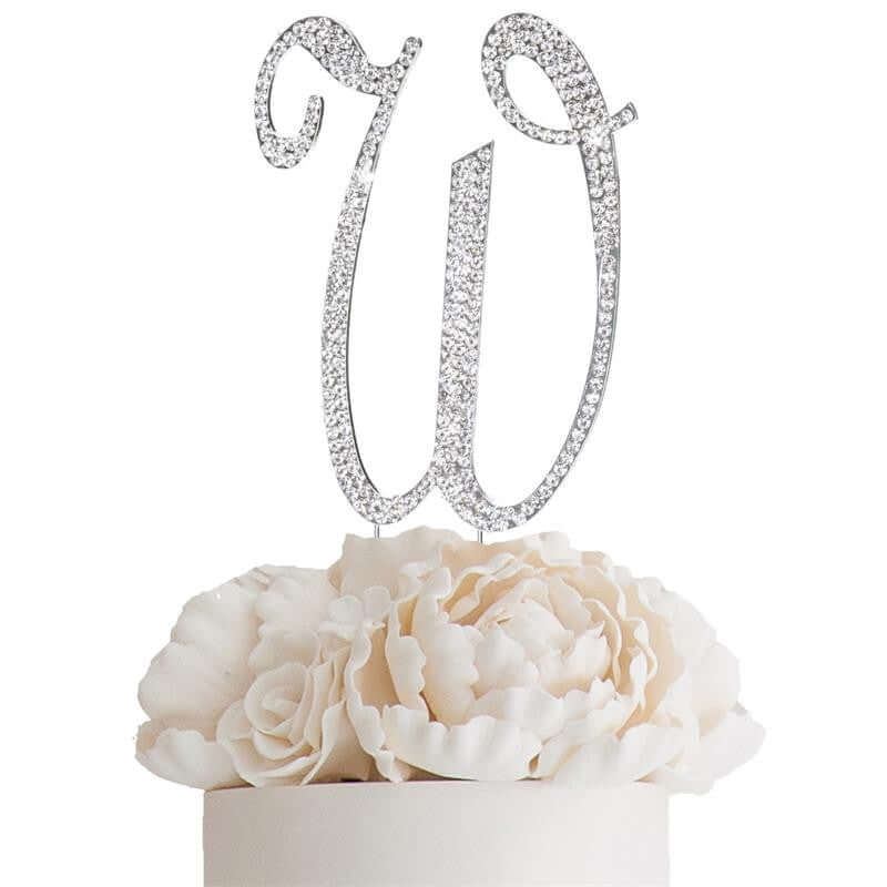 Rhinestone Cake Toppers 4.5" Silver Monogram Letter and Number Design - Stylish Cake Decorations - Image 34