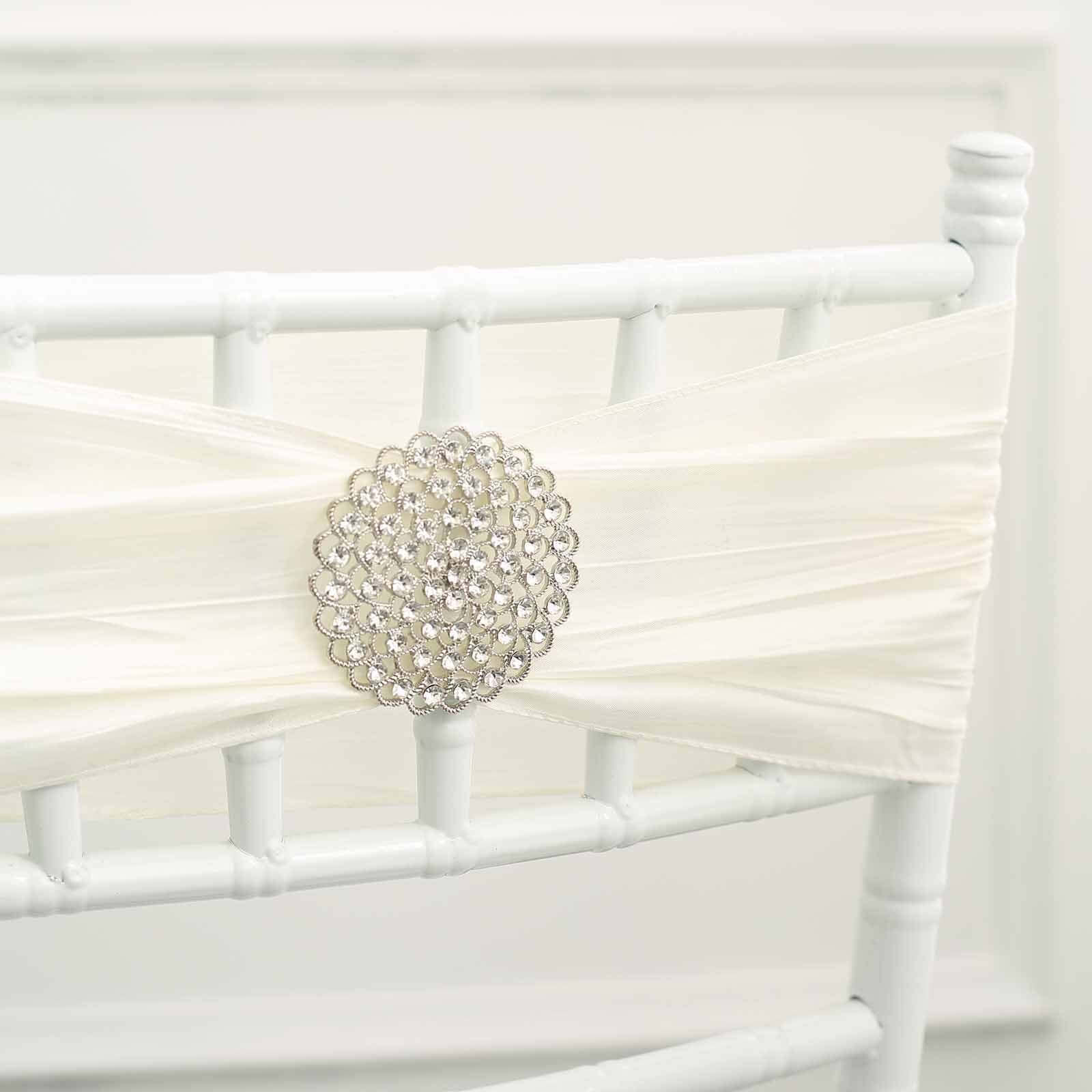 Rhinestone Metal Flower Chair Sash Band Buckle 3" Silver - Diamond Bow Pin