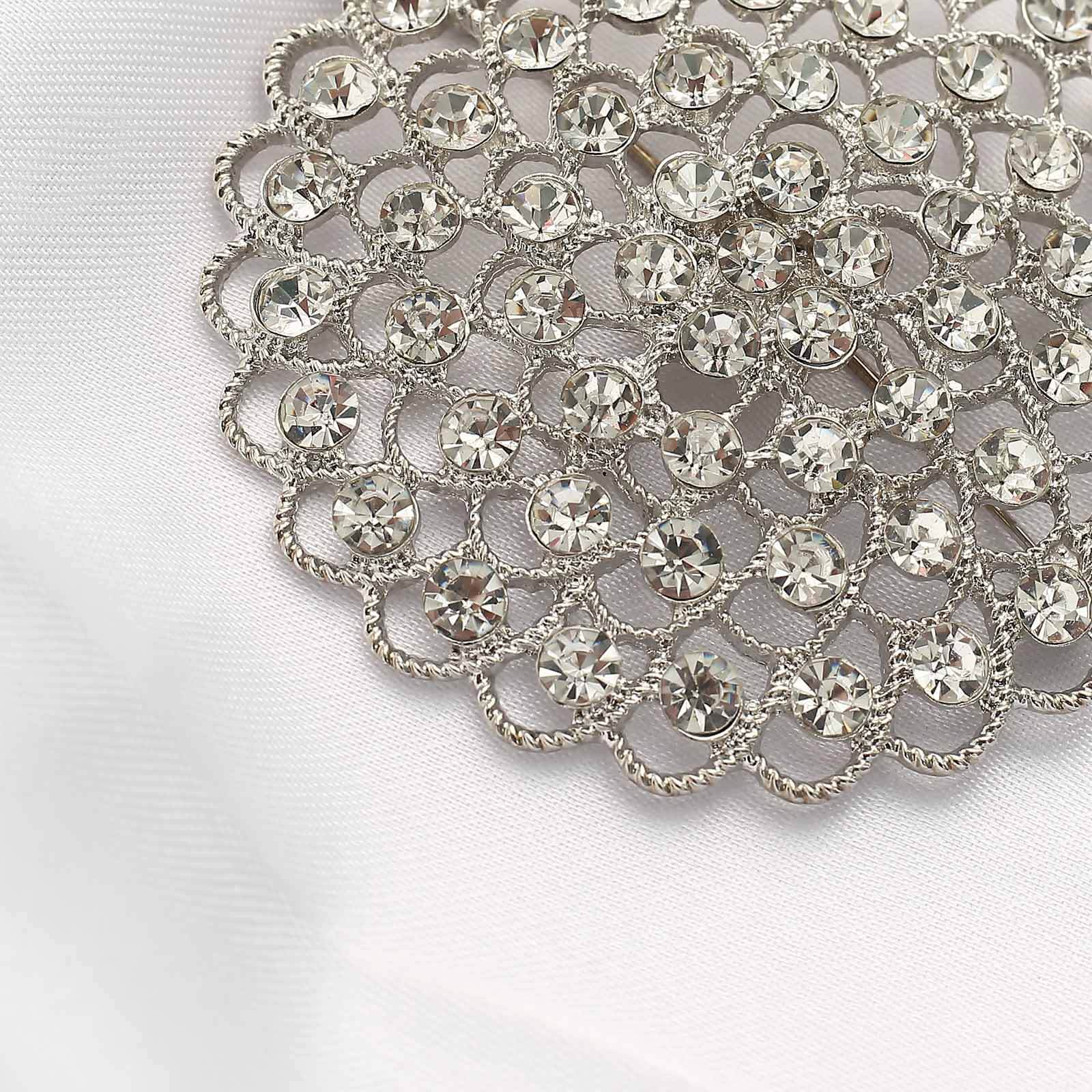 Rhinestone Metal Flower Chair Sash Band Buckle 3" Silver - Diamond Bow Pin - Image 4