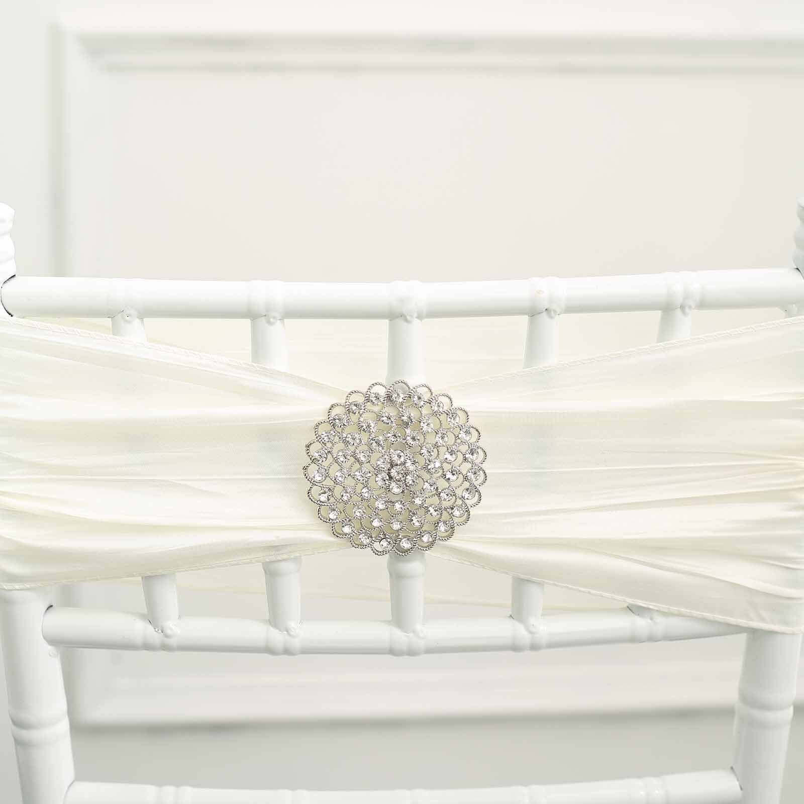 Rhinestone Metal Flower Chair Sash Band Buckle 3" Silver - Diamond Bow Pin - Image 6