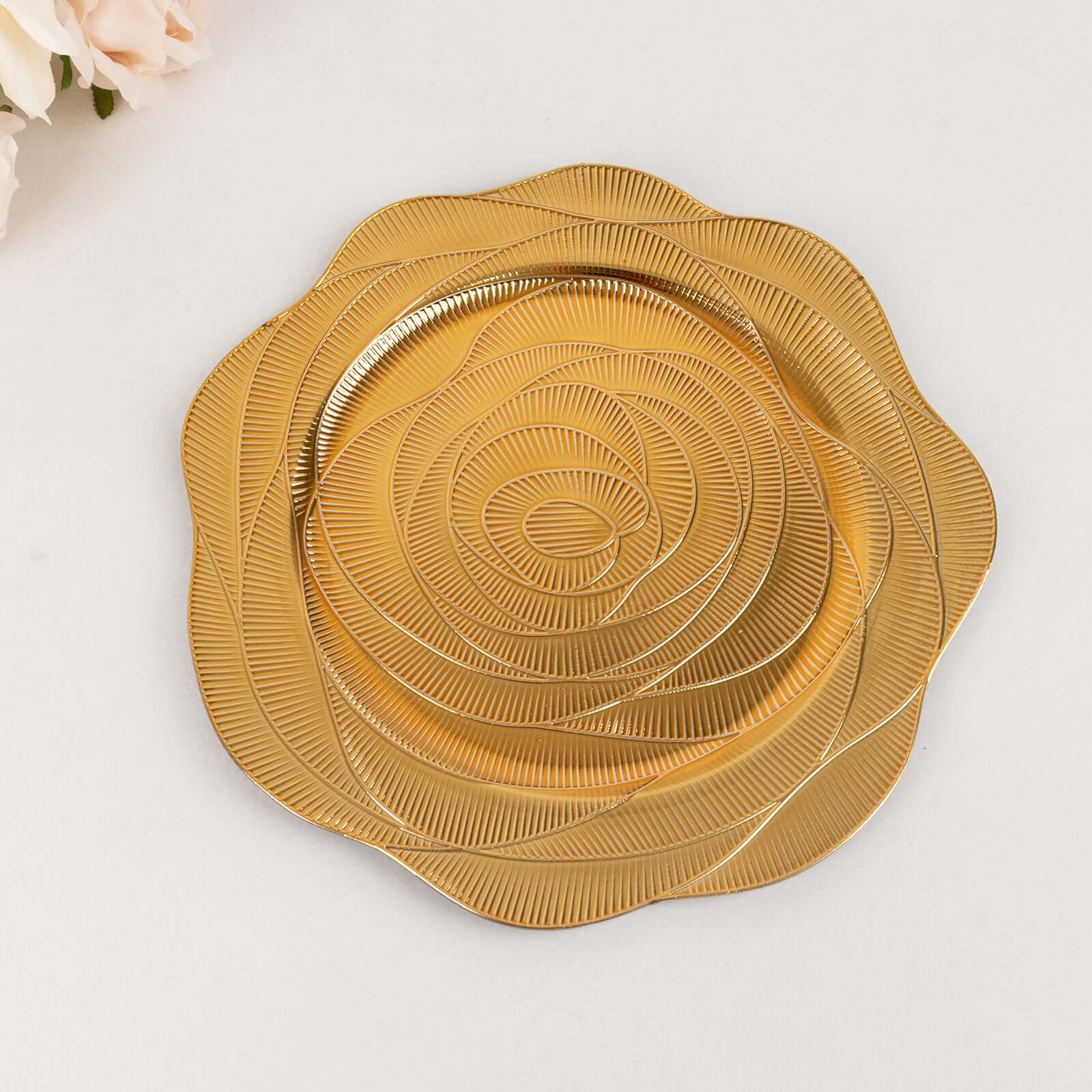 6-Pack Acrylic Charger Plates 13" Round Metallic Gold Ribbed Rose Pattern - Event Tabletop Decorative Charger Tableware - Image 6