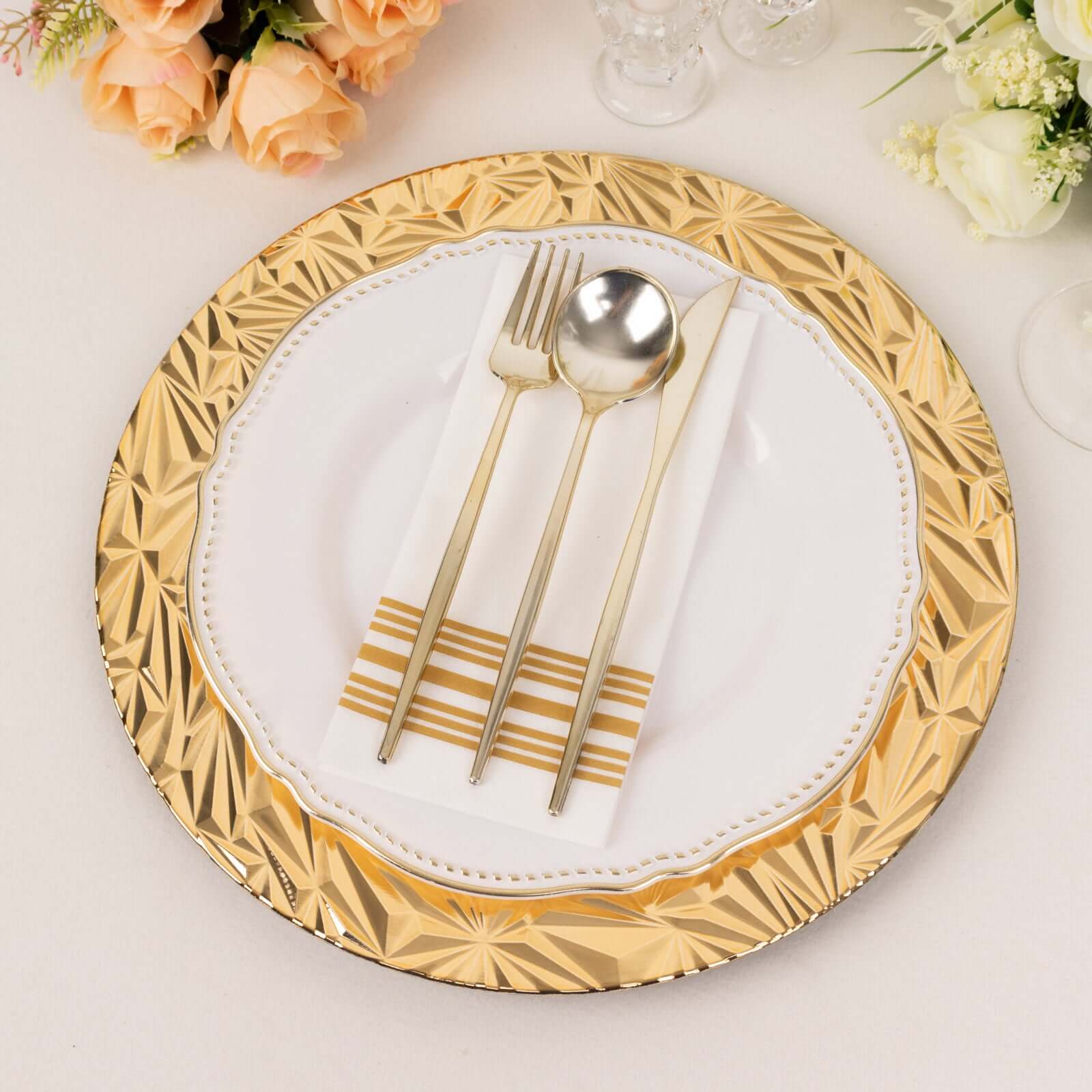 6-Pack Acrylic Charger Plates 13" Round Metallic Gold Rock Cut Design - Durable Plastic Dinner Charger Tableware - Image 2