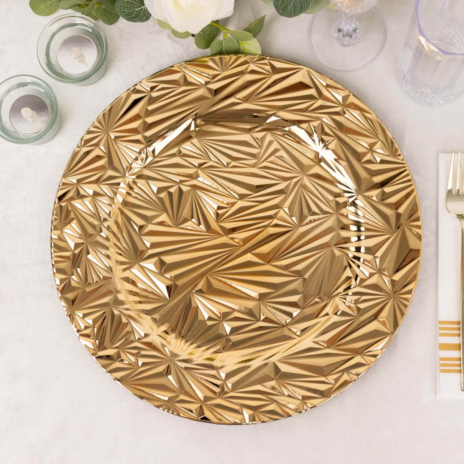 6-Pack Acrylic Charger Plates 13" Round Metallic Gold Rock Cut Design - Durable Plastic Dinner Charger Tableware - Image 4