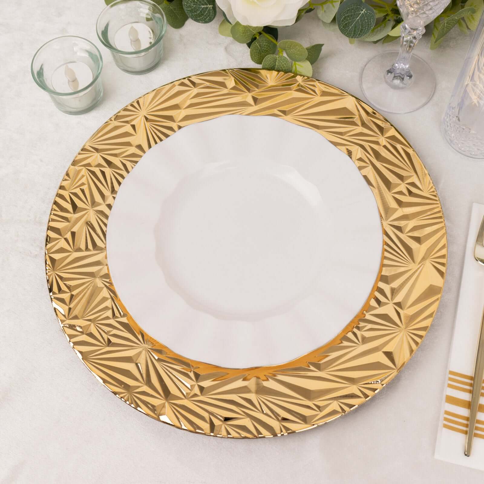6-Pack Acrylic Charger Plates 13" Round Metallic Gold Rock Cut Design - Durable Plastic Dinner Charger Tableware - Image 9