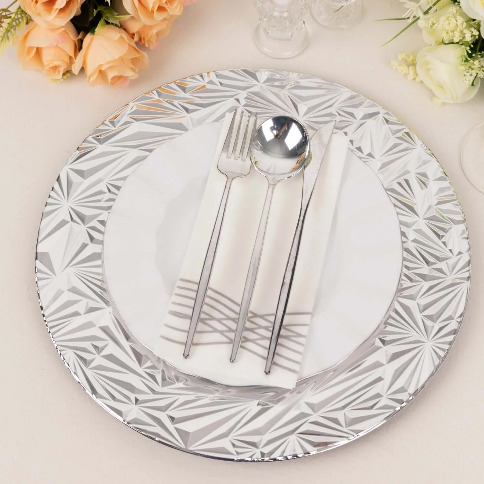 6-Pack Acrylic Charger Plates 13" Round Metallic Silver Rock Cut Design - Durable Plastic Dinner Charger Tableware - Image 2