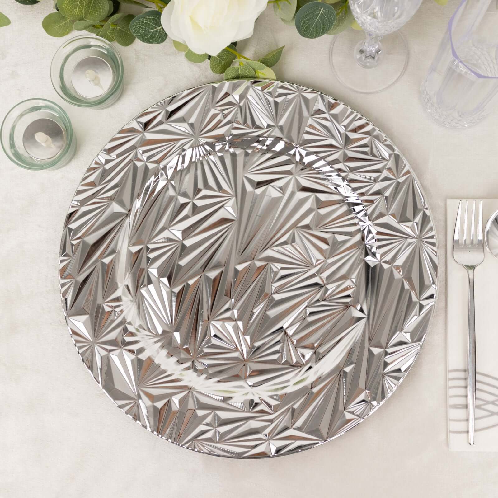 6-Pack Acrylic Charger Plates 13" Round Metallic Silver Rock Cut Design - Durable Plastic Dinner Charger Tableware - Image 3