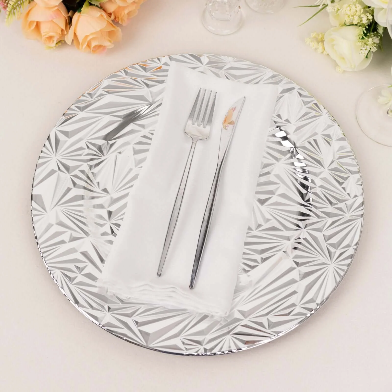 6-Pack Acrylic Charger Plates 13" Round Metallic Silver Rock Cut Design - Durable Plastic Dinner Charger Tableware - Image 5