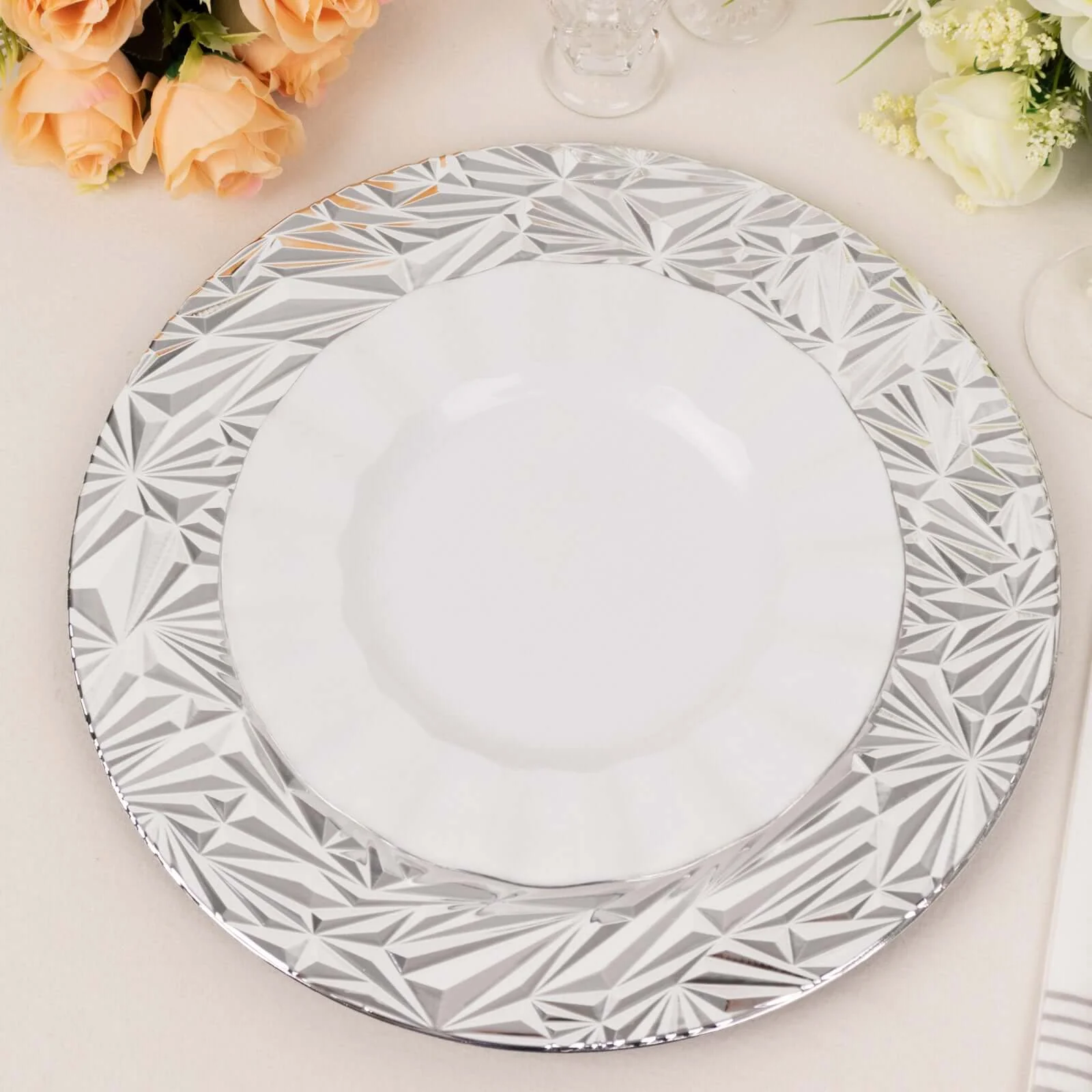 6-Pack Acrylic Charger Plates 13" Round Metallic Silver Rock Cut Design - Durable Plastic Dinner Charger Tableware - Image 7