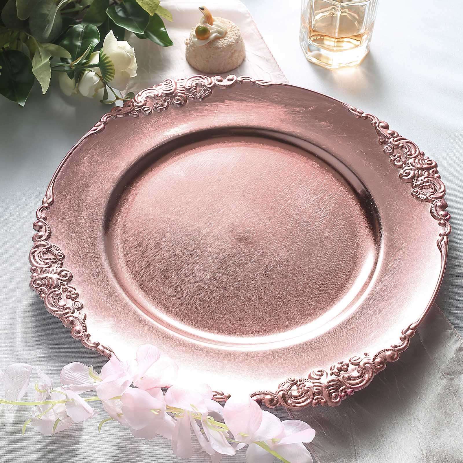 6-Pack Acrylic Charger Plates 13" Round Rose Gold Embossed Baroque Rim - Antique Decorative Dinner Tableware - Image 2