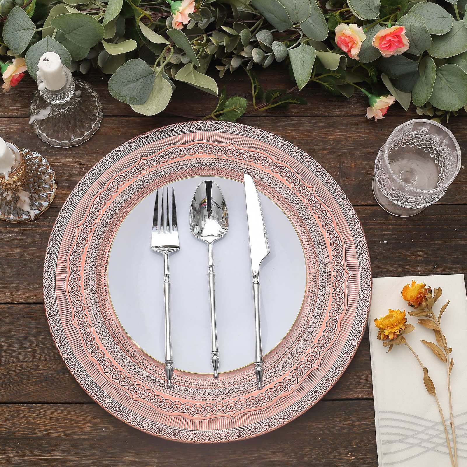 6-Pack Acrylic Charger Plates 13" Round Rose Gold Lace Embossed Rim - Rustic Plastic Charger Tableware - Image 5